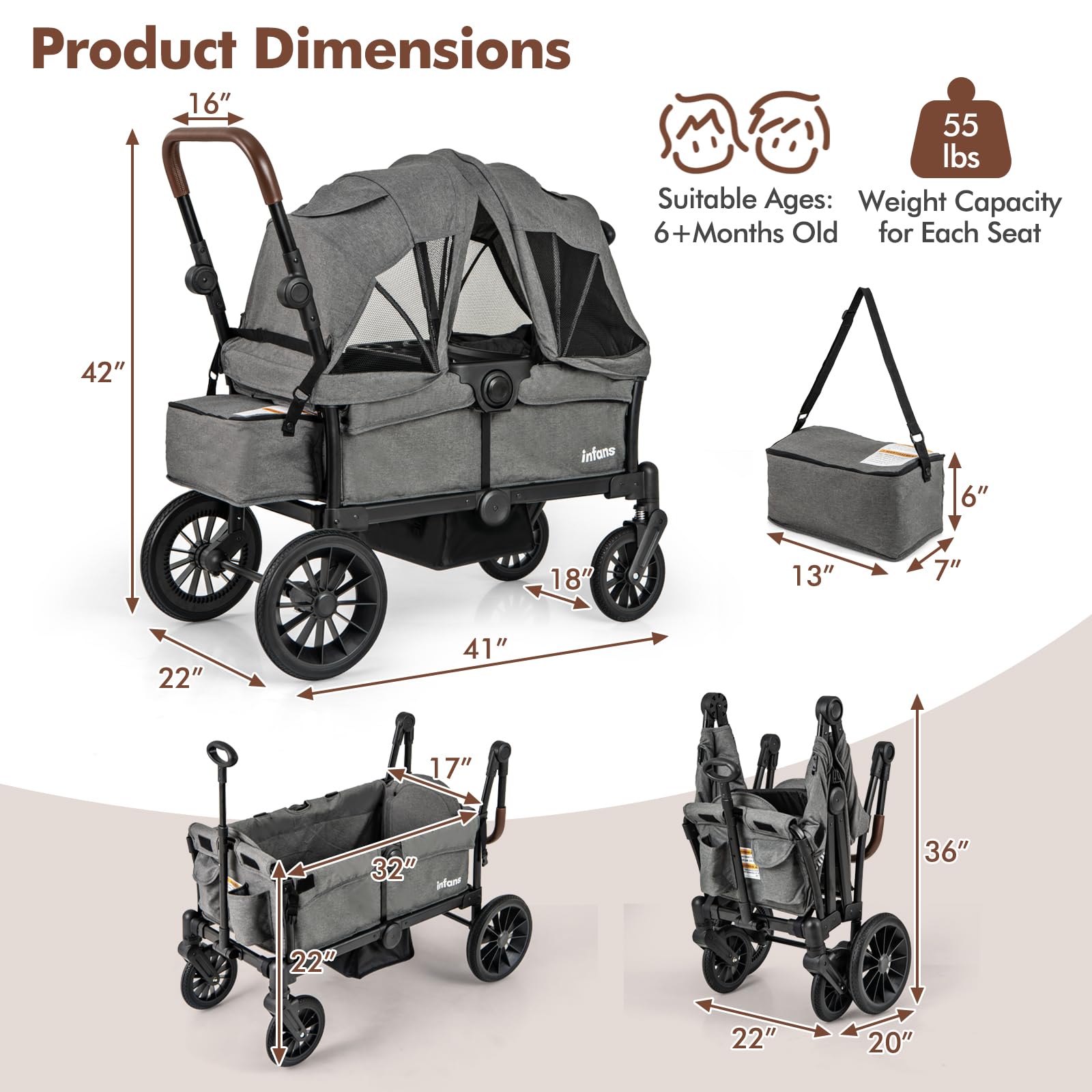 **INFANS 2-in-1 Collapsible Stroller Wagon for Kids – Adjustable Push/Pull Handle, Removable Canopy & Snack Tray, Padded Seats & Drop-Down Footwell – Perfect for Beach, Park, and Family Outings**
