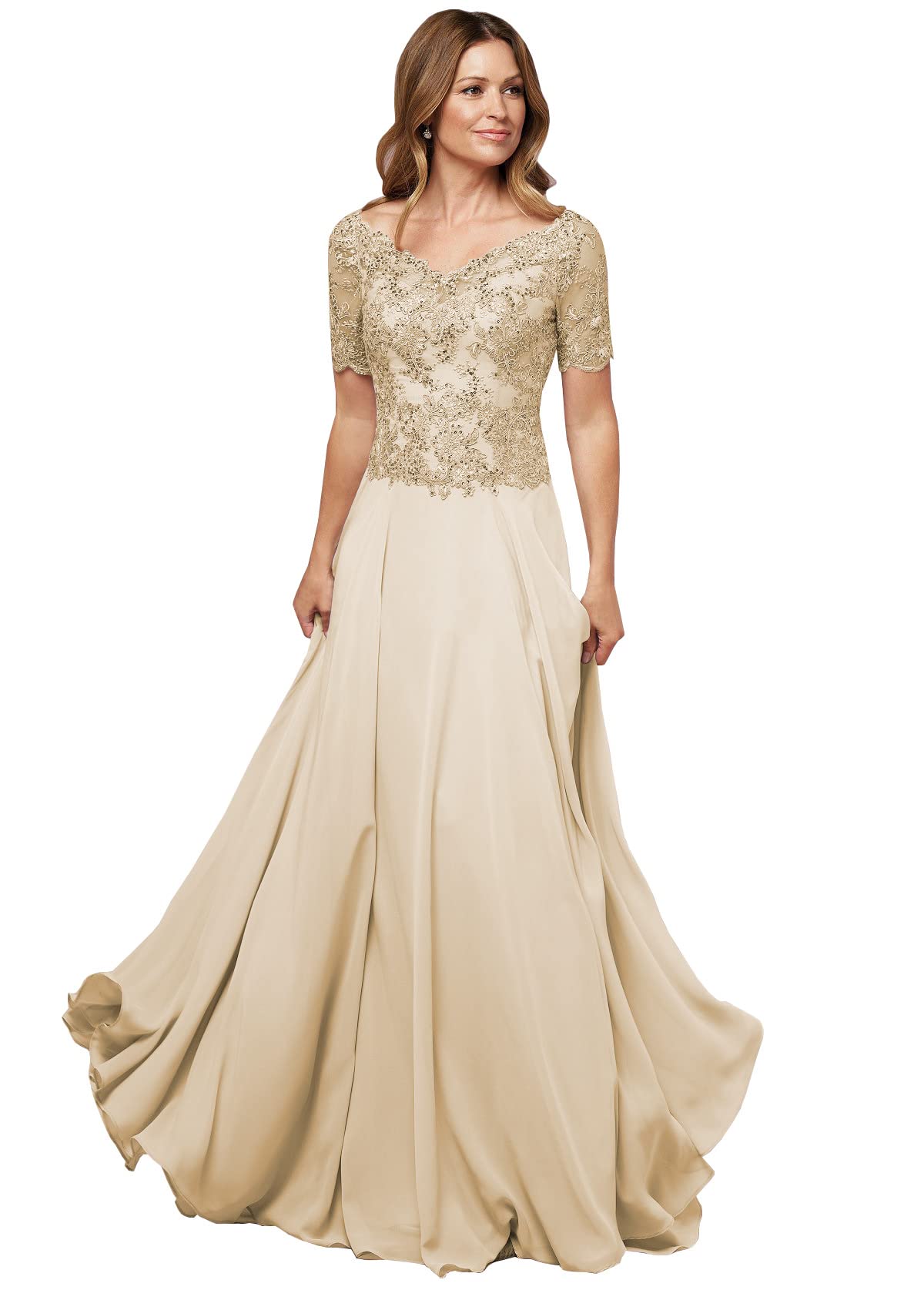 Elegant Short Sleeve Lace Mother of the Bride Dress - Wedding Formal Prom Evening Gown with Pockets - Perfect for Wedding Ceremonies, Formal Events & Special Occasions