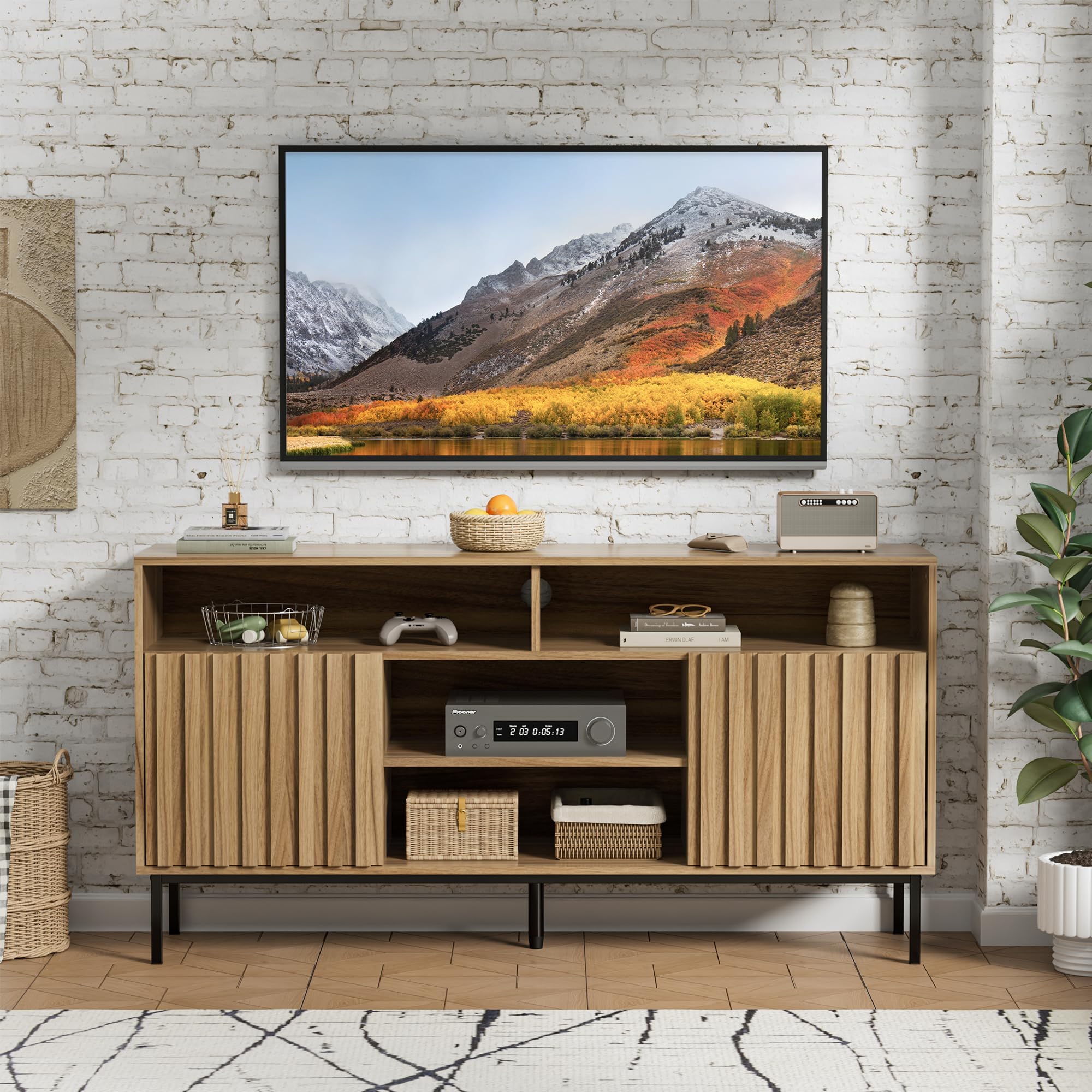 Mid Century Modern TV Stand Cabinet for Living Room - Wood Media Console with Shelves & Storage (Fits 50/55/60/65 Inch TVs) - Fluted Entertainment Center for Bedroom & Home Theater - Perfect for Organizing Electronics & Displaying Decor