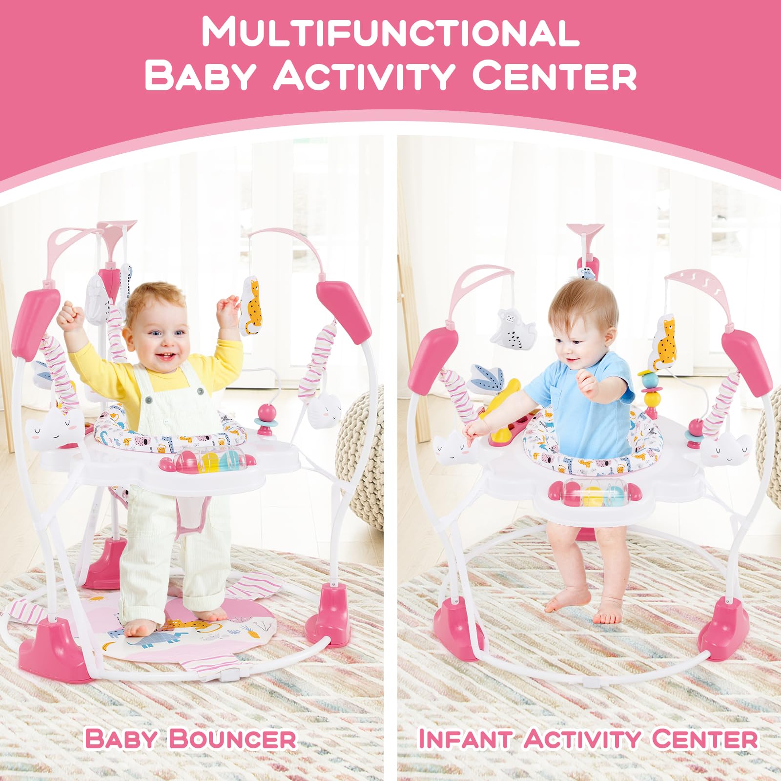 INFANS 3-in-1 Baby Activity Center with Music, Lights & Interactive Toys - 360° Rotating Seat, 3 Height Adjustments - Exersaucer Learning Toy for Infants 6-12 Months (Pink) - Perfect for Playtime, Early Development & Safe Bouncing Fun at Home