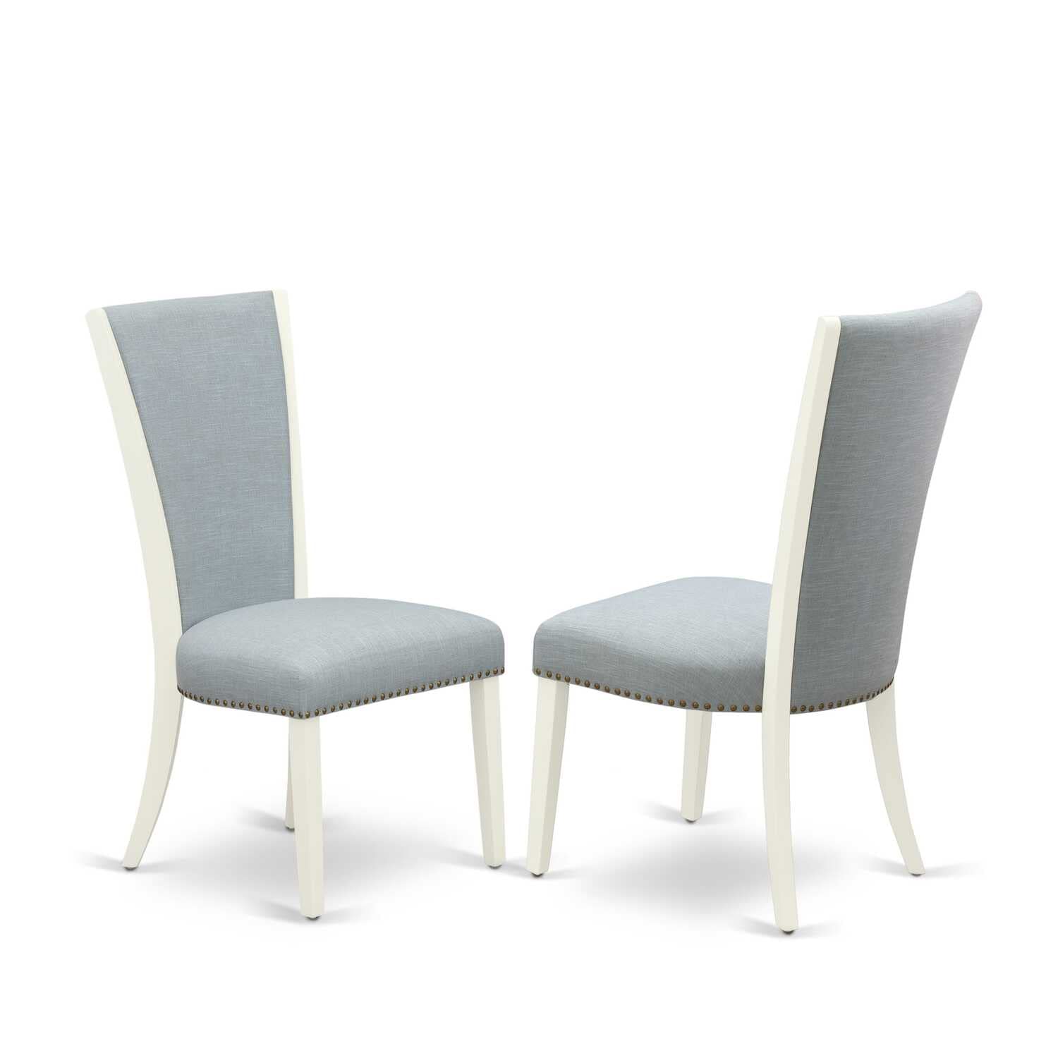 East West Furniture 5-Piece Dining Table Set - Round White Parsons Table with Baby Blue Linen Chairs & Rubberwood Legs - Perfect for Small Spaces, Breakfast Nooks & Cozy Family Dinners