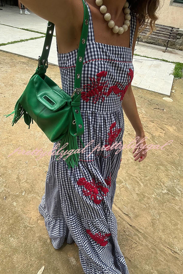 Stylish Summer Plaid Lobster Print Square Neck Layered Maxi Dress for Women - Beach Vacation, Party, Casual Outfit