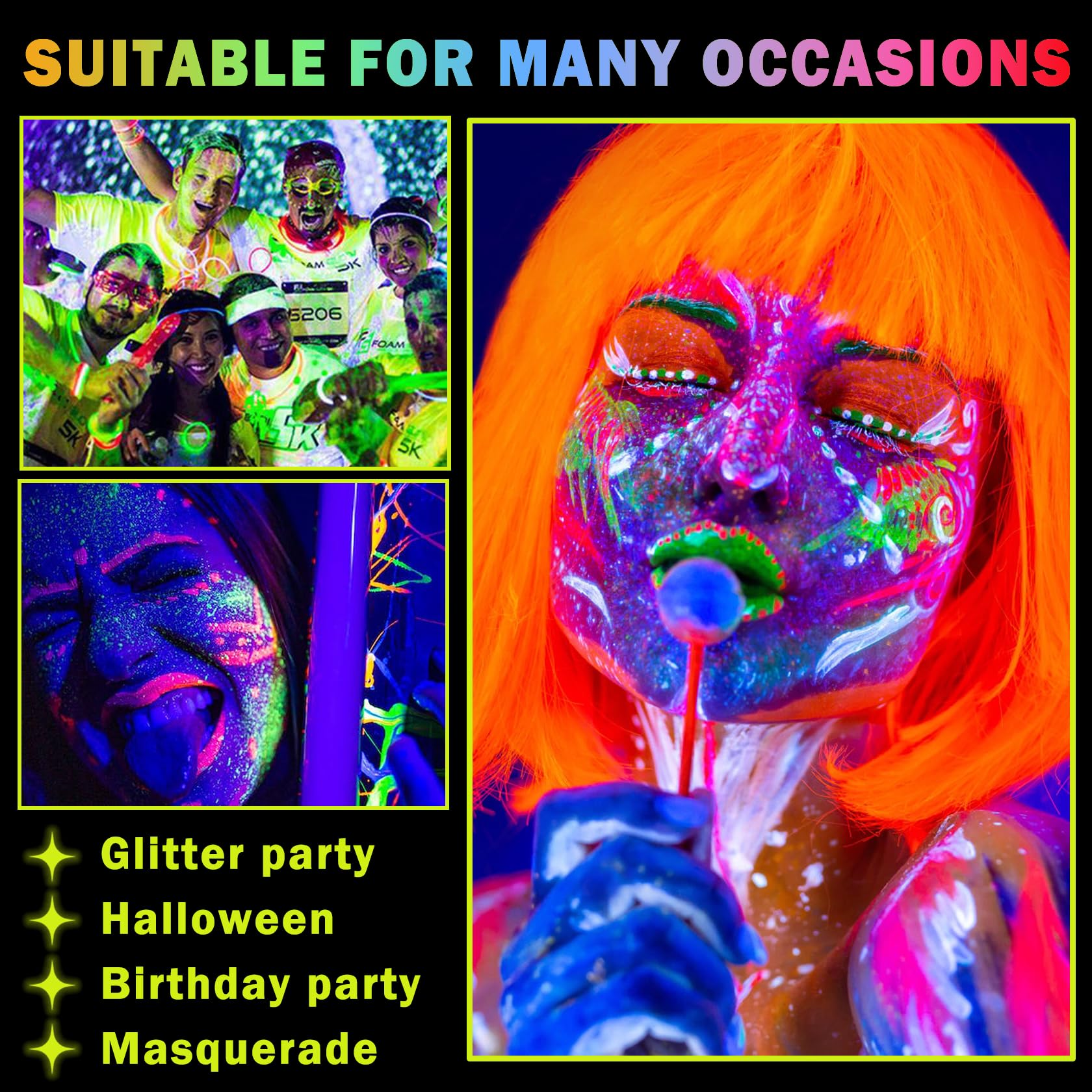 Glow in the Dark Face Paint & Body Paint Set - 8 Neon Colors for UV Blacklight, Halloween & Festival Makeup - Safe for Kids & Adults - Perfect for Parties, Raves & Costume Events