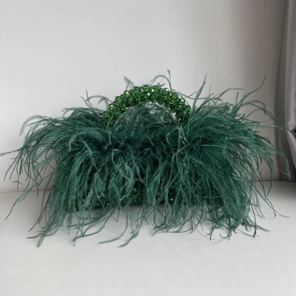 Handmade Designer Pearl Bead Bag with Feather Fur Trim - Elegant Acrylic Crystal Stone Evening Tote Clutch for Women | Perfect for Parties, Weddings & Special Occasions