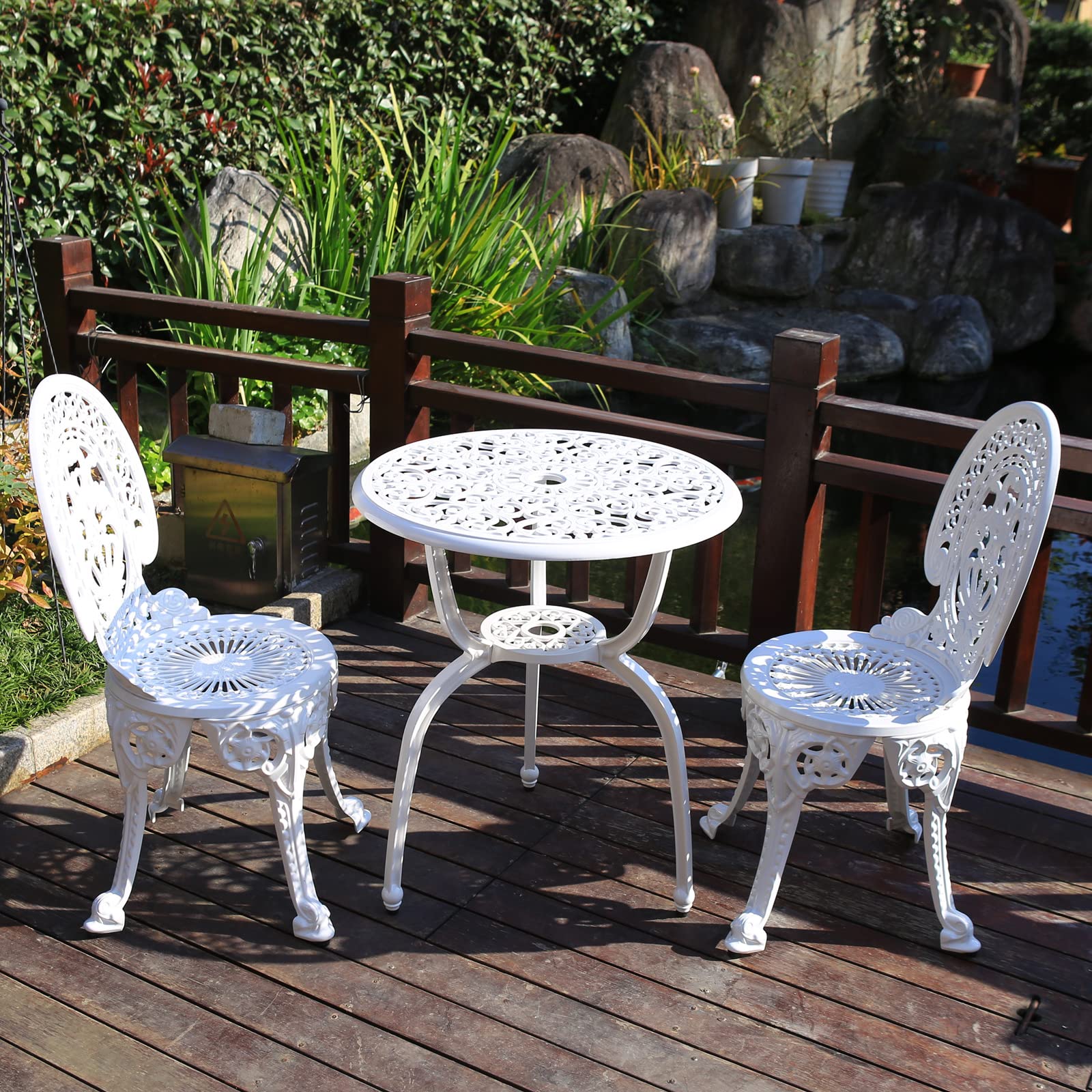 KAILI 3-Piece Patio Bistro Set - Cast Aluminum Outdoor Furniture with Rust-Proof White Metal Table & Chairs for Garden, Balcony, or Backyard Dining (Crown-White)