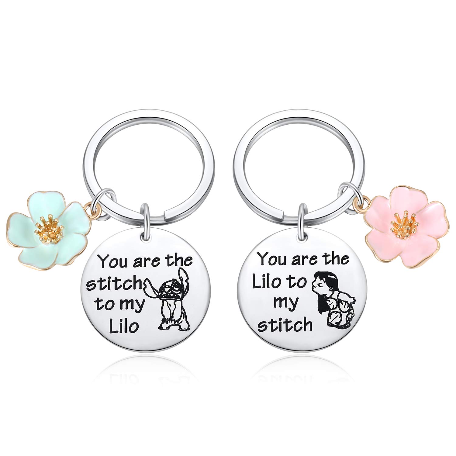 Stitch and Lilo Inspired Keychain Gift Set (2 Pack) - Best Friend BFF Keyrings with Blue & Pink Hibiscus Flowers - Perfect for Disney Fans, Cosplay Jewelry & Collectors - Great for Backpacks, Keychains & Gifts