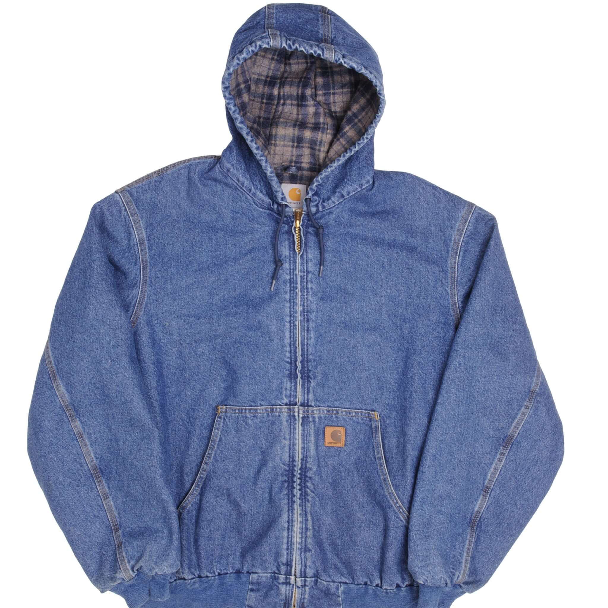 Vintage Carhartt Denim Hooded Active Jacket J139DST 1990s Size XL - Durable Workwear for Outdoor Activities, Construction & Casual Wear