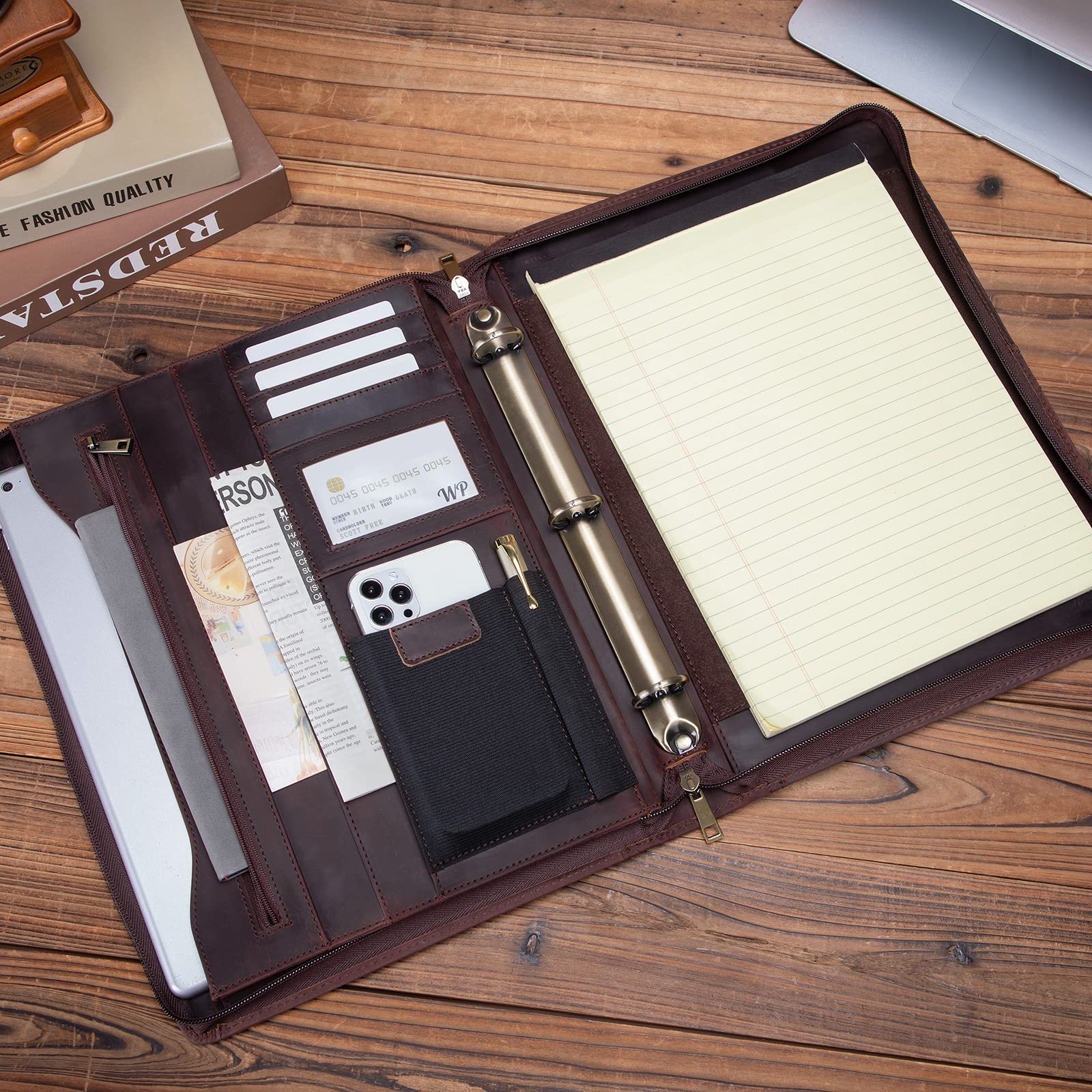 Premium Full Grain Leather Portfolio with 3-Ring Binder | Zippered A4 Notebook Holder & Laptop Sleeve | Professional Organizer for Business Meetings, Office Work & Corporate Gifts (Dark Brown) - Perfect for Executives, Students & Professionals