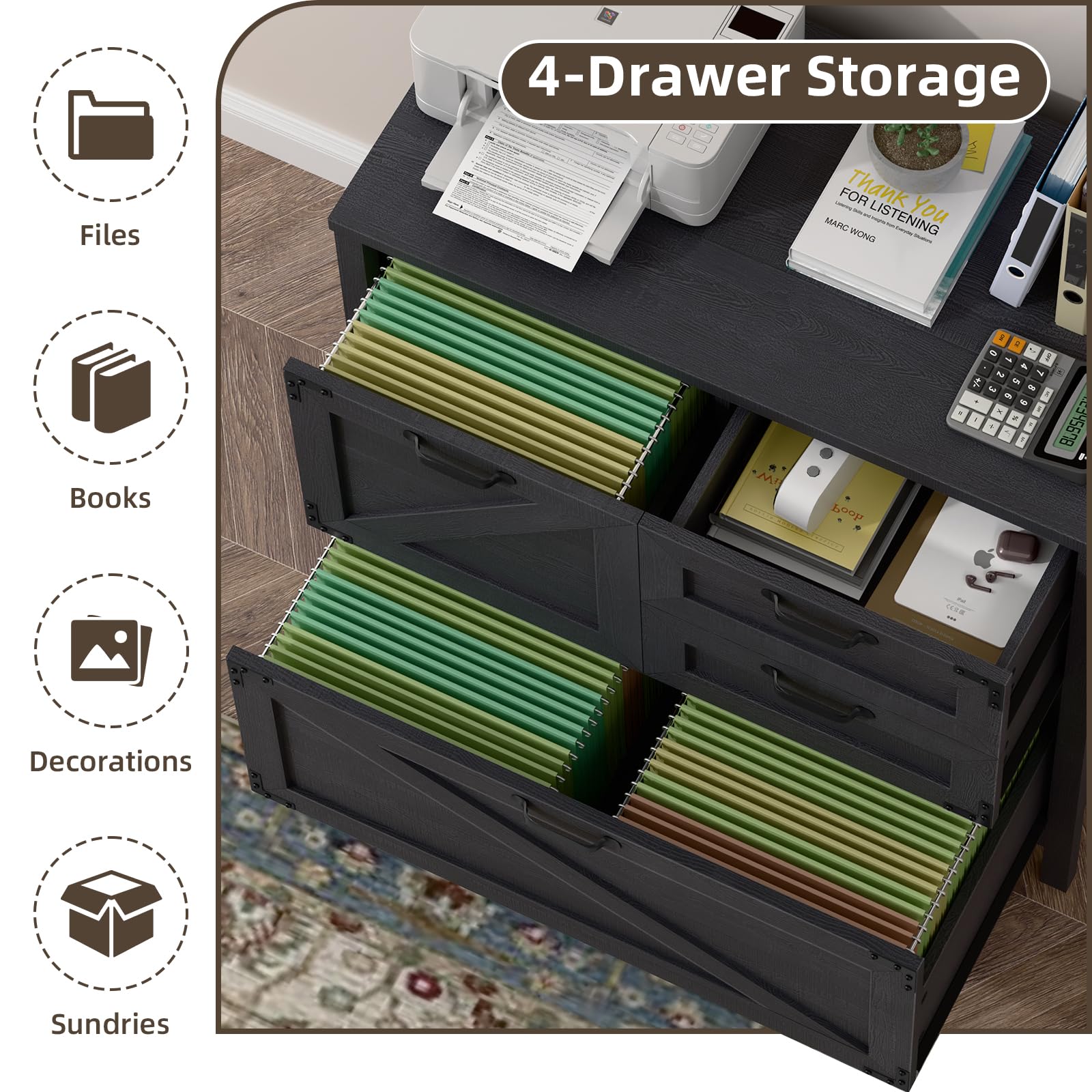 4-Drawer Wood Lateral File Cabinet for Hanging Files - Letter/A4/Legal Size - Farmhouse Office Storage Cabinet with Printer Stand - Black - Perfect for Home Office, School, and Business Organization