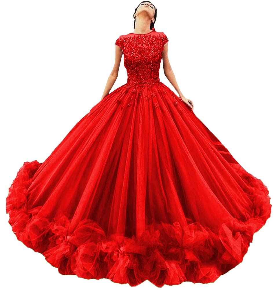 Elegant Beaded Quinceanera Dresses for Women - Tulle Ball Gown with Lace Appliques & Cap Sleeves | Perfect for Sweet 16, Quinceañera, Prom & Formal Events