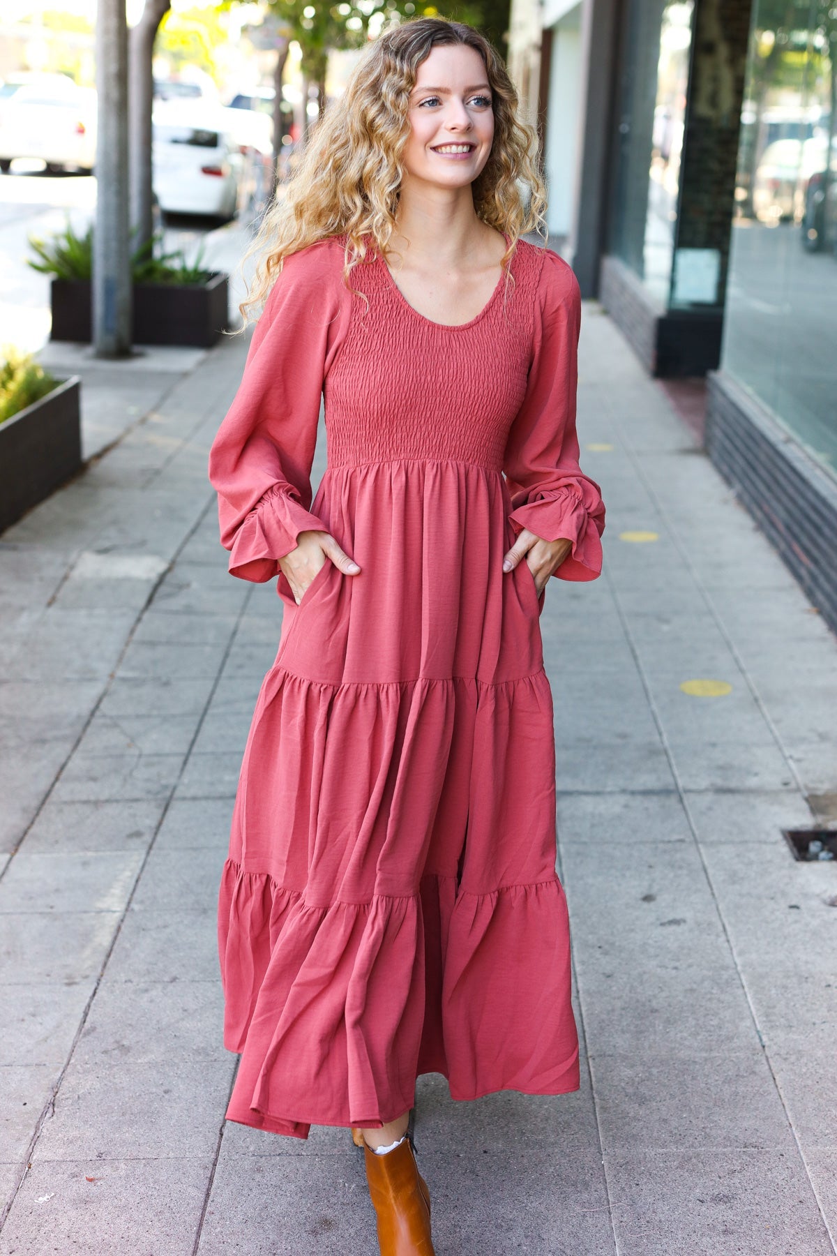 Beautiful You Lock Eyes Marsala Smocked Ruffle Sleeve Maxi Dress - Elegant Women's Long Dress for Weddings, Parties & Special Occasions