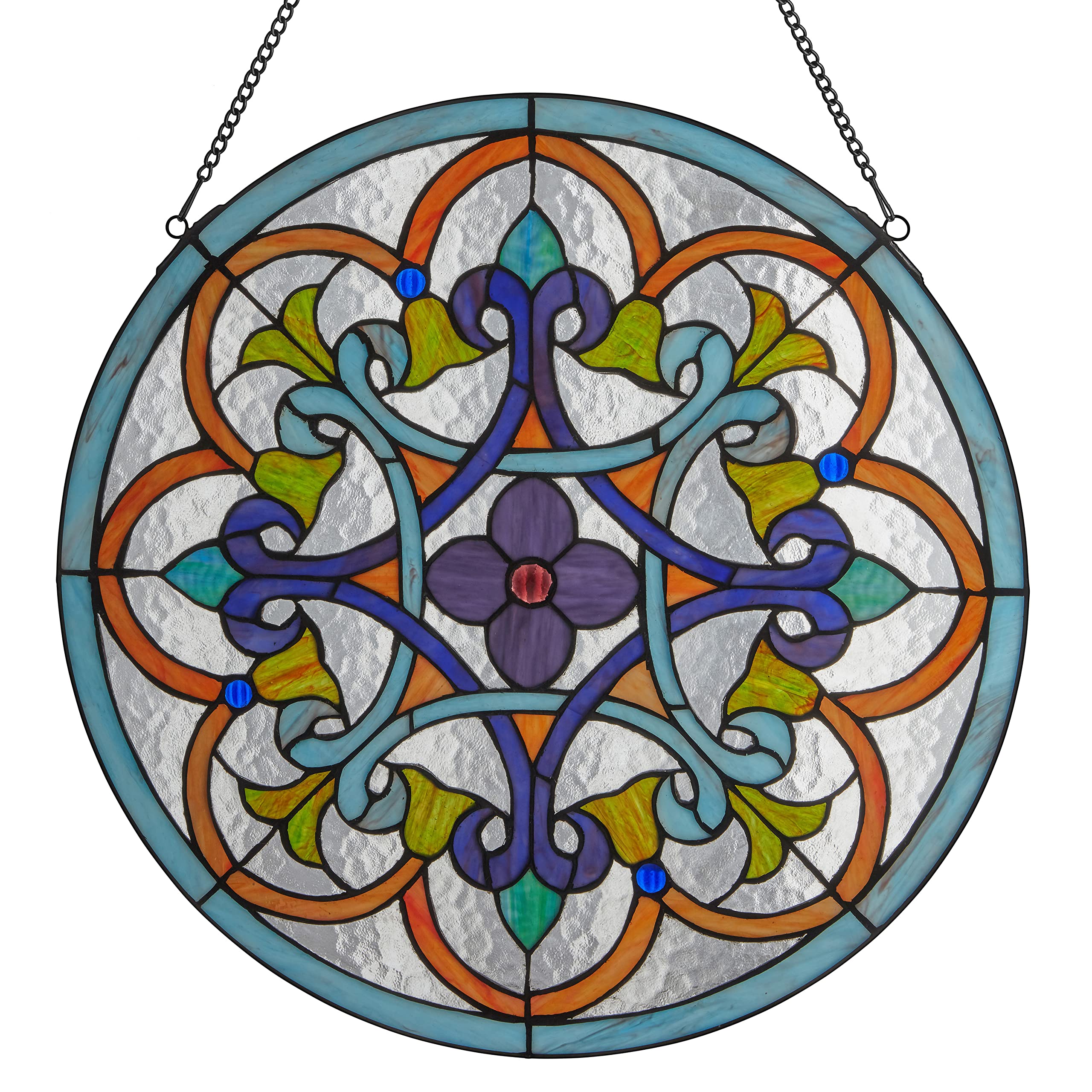 RIVER OF GOODS Stained Glass Window Panel - Multicolored Round Tiffany Style Textured Art Glass for Home Décor (Blue, Clear, Purple, Green) - Perfect for Church, Living Room, Entryway & Sunroom Decorations