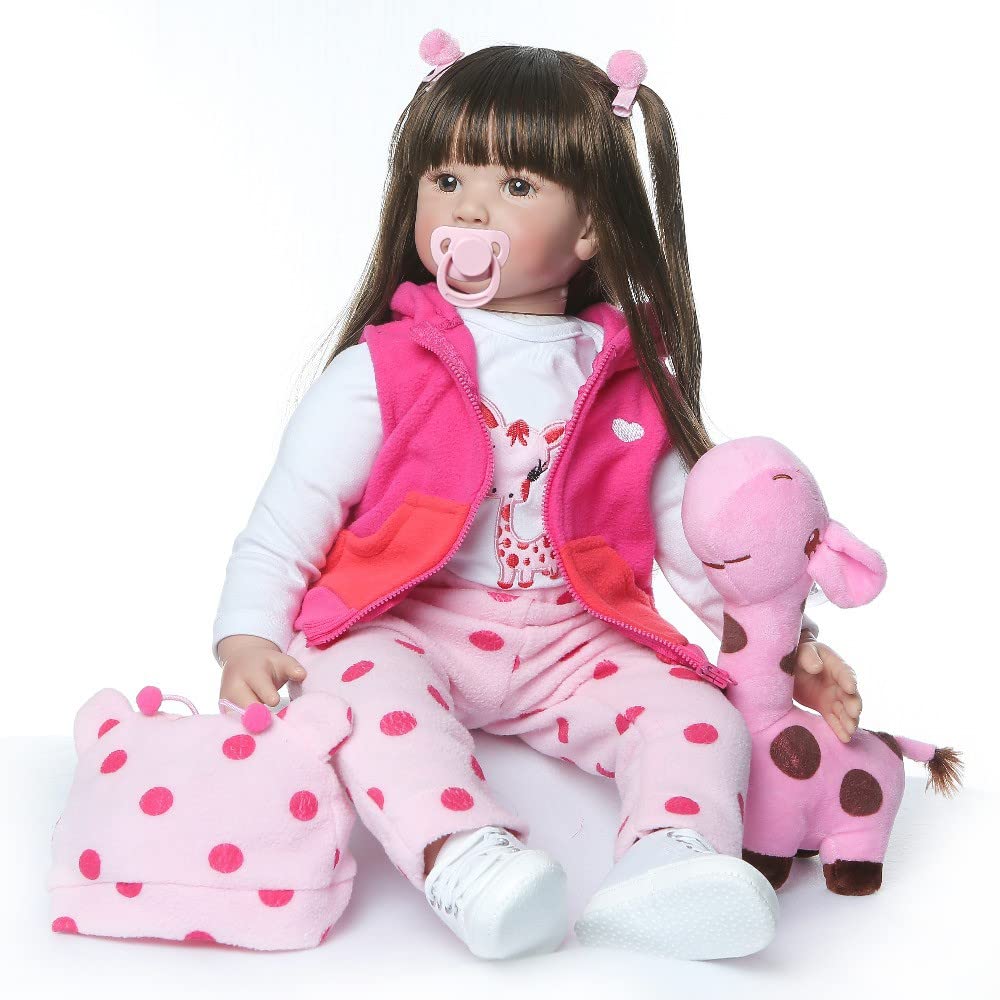 24 Inch Realistic Reborn Baby Doll - 60cm Weighted Soft Silicone Toddler Girl Doll with Long Hair | Lifelike Vinyl Huggable Toy for Collectors & Kids | Perfect Birthday Gift & Christmas Present (Pink Outfit) | Great for Role Play, Therapy, Nursery Decor & Gift Giving