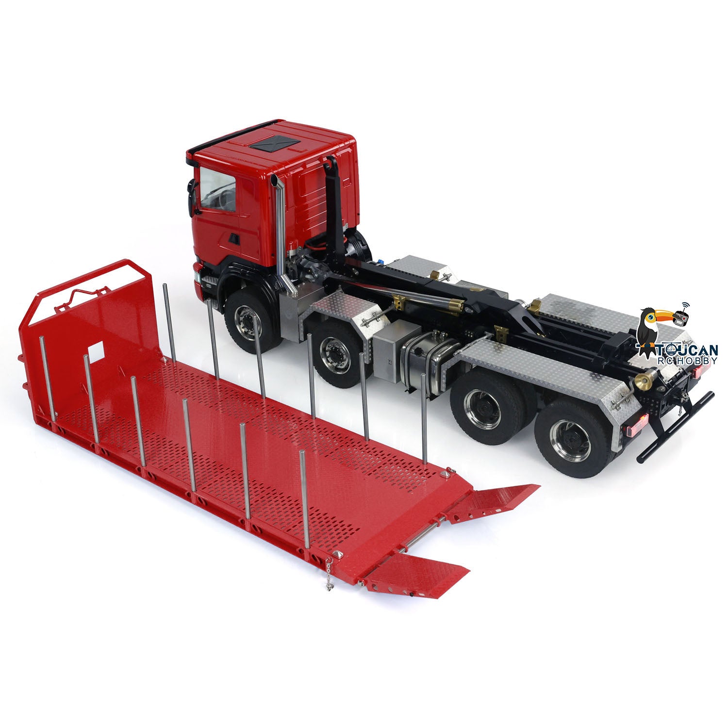 1/14 Scale 8x8 RC Hydraulic Dump Truck - Radio Controlled Roll Off Dumper with U-Shaped High Bucket & Timber Flatbed | Construction Site, Farm & Off-Road Play for Adults & Kids