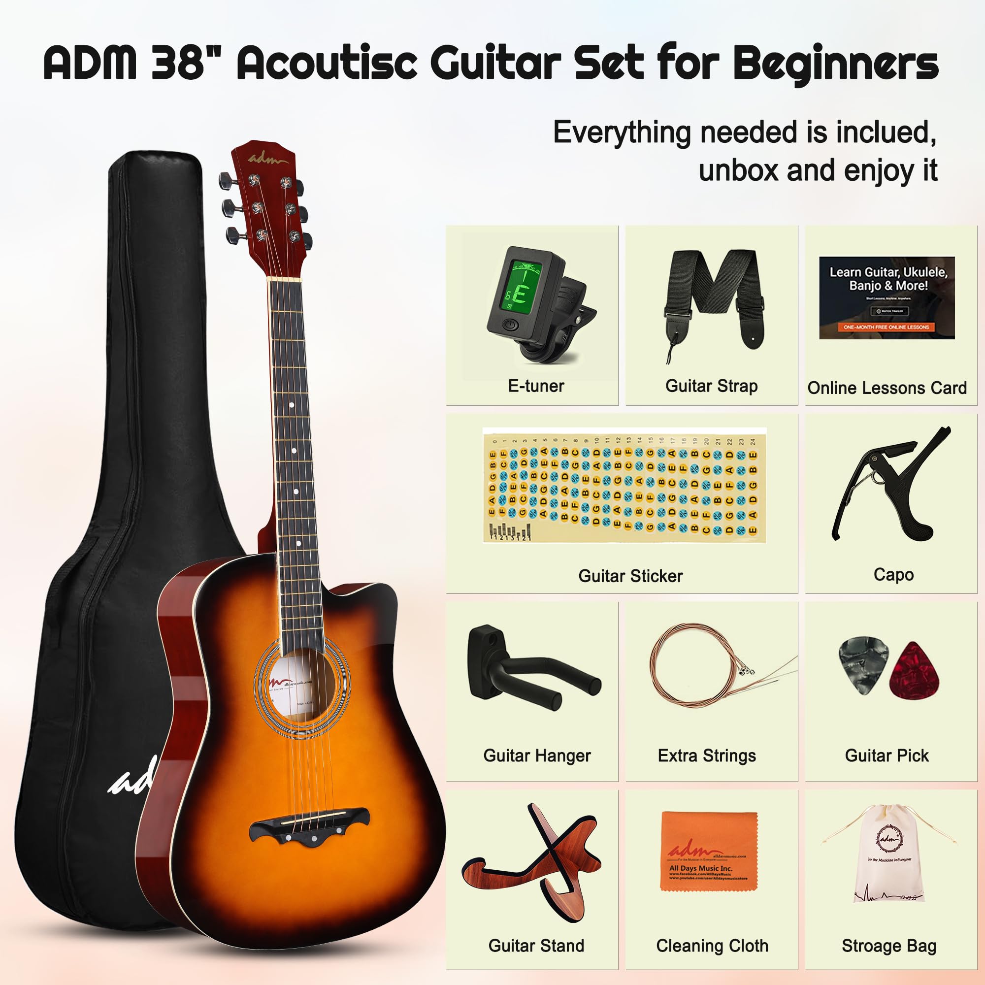 ADM 38-Inch Cutaway Acoustic Guitar Starter Kit for Beginners & Adults - Sunburst Wood Guitar with Gig Bag, Strap, Strings, Picks, Capo & Stand - Includes Free Online Lessons - Perfect for Home Practice, Campfire Sessions & Music Classes