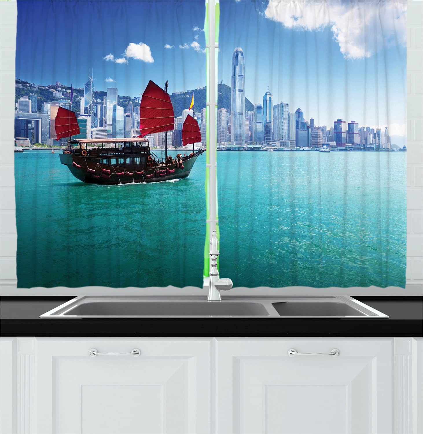 Ambesonne Ocean Themed Long Kitchen Curtains - Traditional Hong Kong Junk Boat with Flags, City Skyline & Sea Design - 2 Panel Rod Pocket Drapes for Windows (55