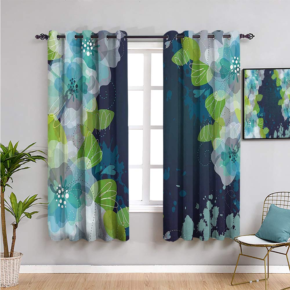 Navy Blue Room Darkening Curtains 63x45 Inch - Abstract Floral Design with Leaves on Grunge Backdrop for Bedroom Privacy & Light Blocking | Perfect for Home Decor, Nursery, and Office Spaces
