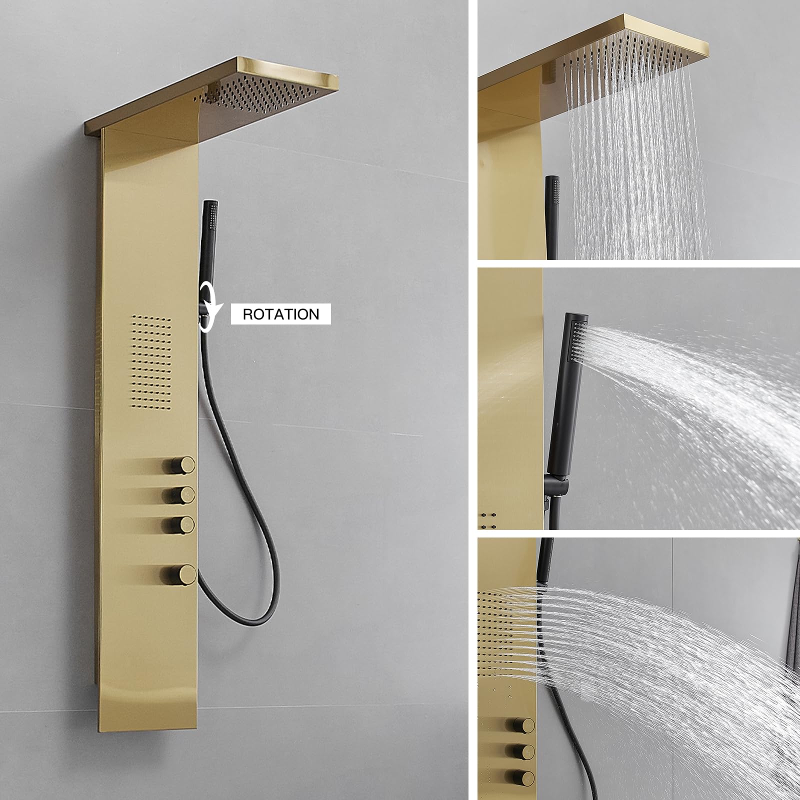 BWE 3-in-1 Stainless Steel Shower Panel Tower System with Rainfall Shower Head, Handheld Shower & Body Jets - Brushed Gold Finish | Perfect for Luxury Bathrooms, Spa-Like Experience & Modern Home Upgrades
