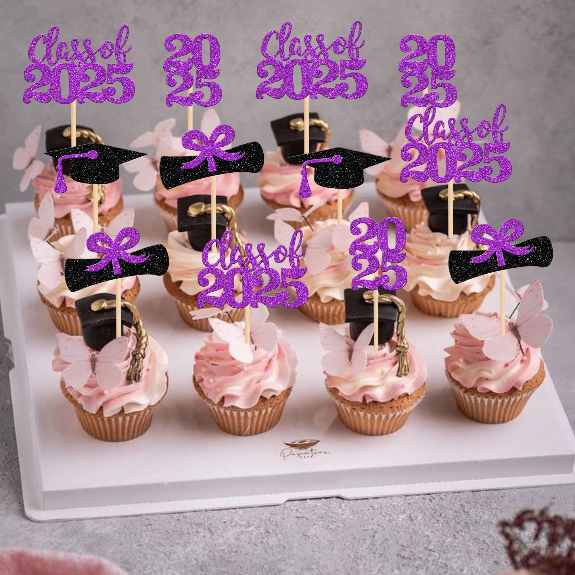 36 PCS 2025 Graduation Cupcake Toppers - Glitter Class of 2025 Diploma & Cap Cake Decorations - Purple Graduation Party Supplies for Graduation Cakes, Cupcakes & Desserts