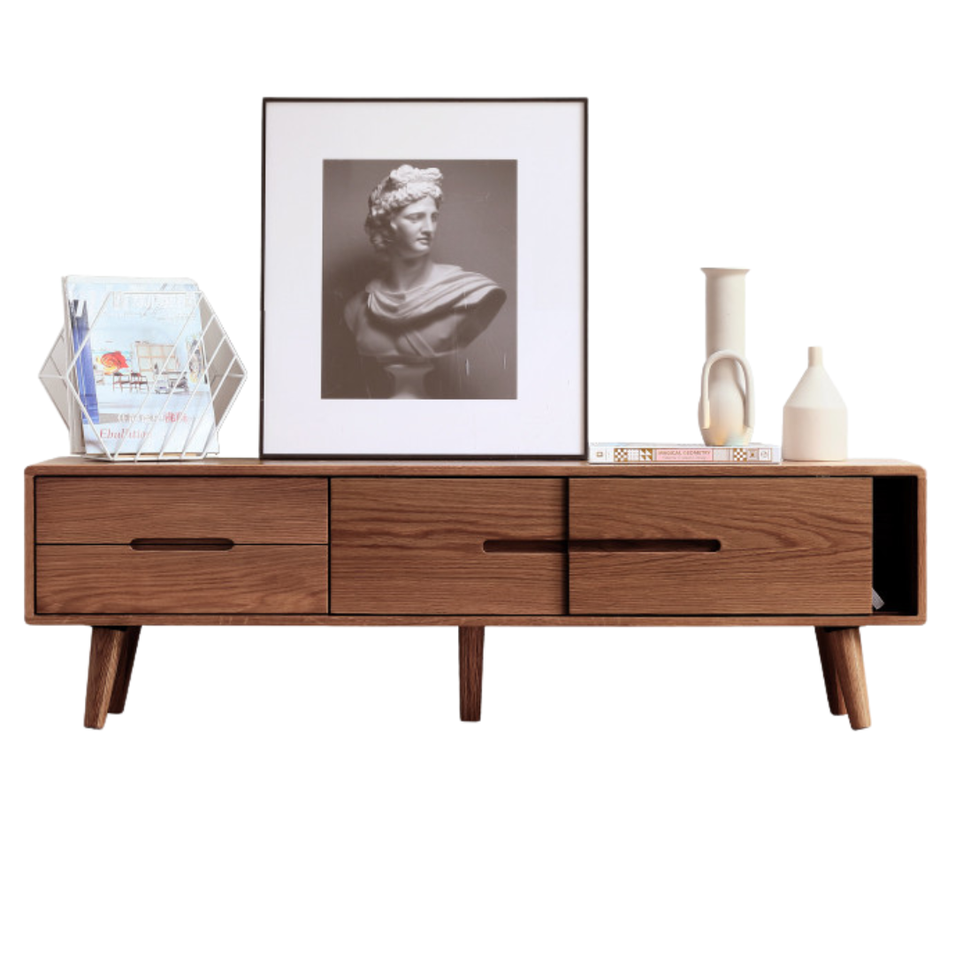 Solid Oak Wood TV Stand with Sliding Doors - Rustic Modern Entertainment Center for Living Room, Bedroom & Home Theater