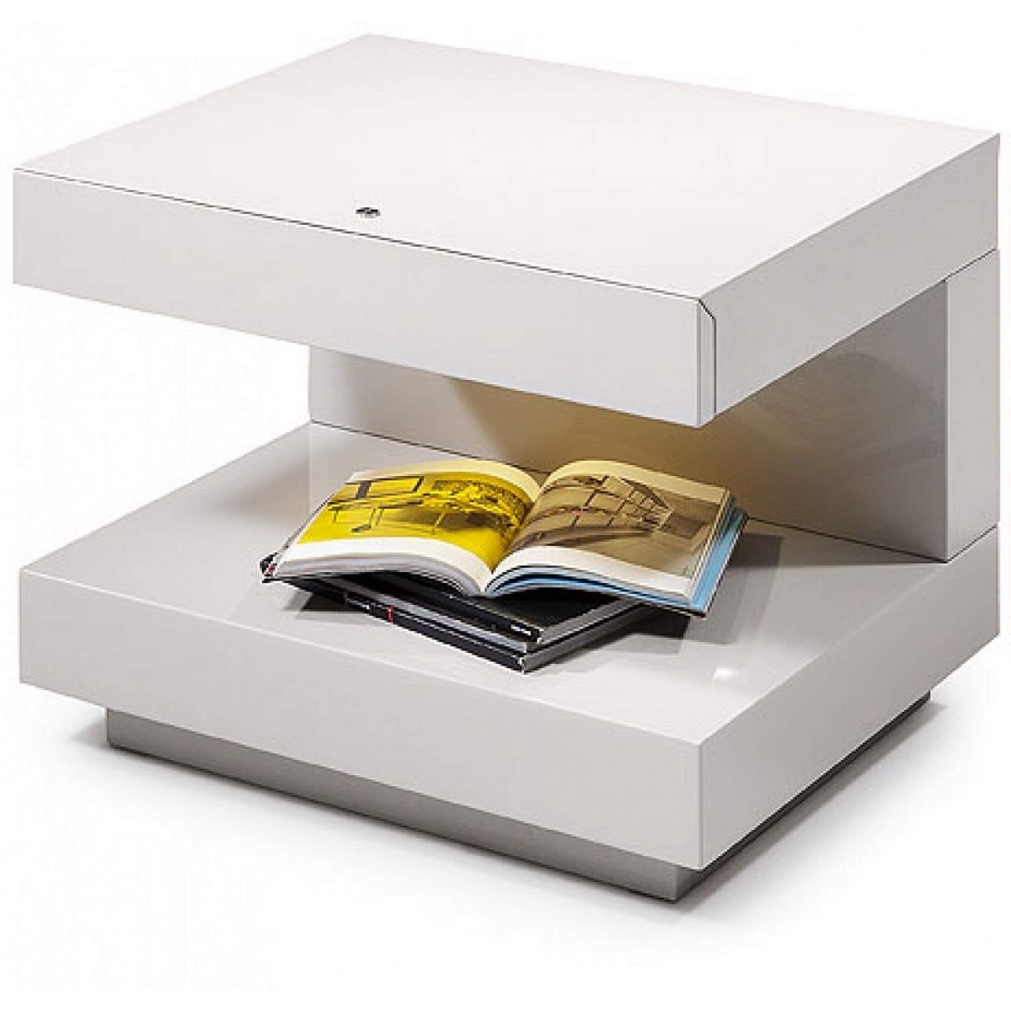 Benjara Modern Square C-Shaped Wooden Nightstand with Built-in LED Light - White - Perfect for Bedroom, Living Room, and Home Office Decor