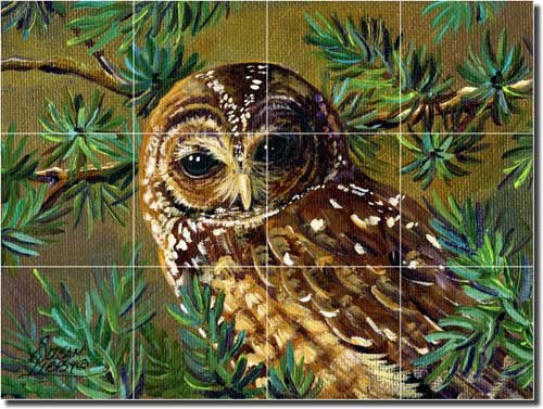 Susan Libby Pine Shelter Owl Bird Ceramic Tile Mural 18x24 Inch - Handmade Kitchen Backsplash, Shower Wall Decor, Bathroom Accent Tile for Rustic Home Décor