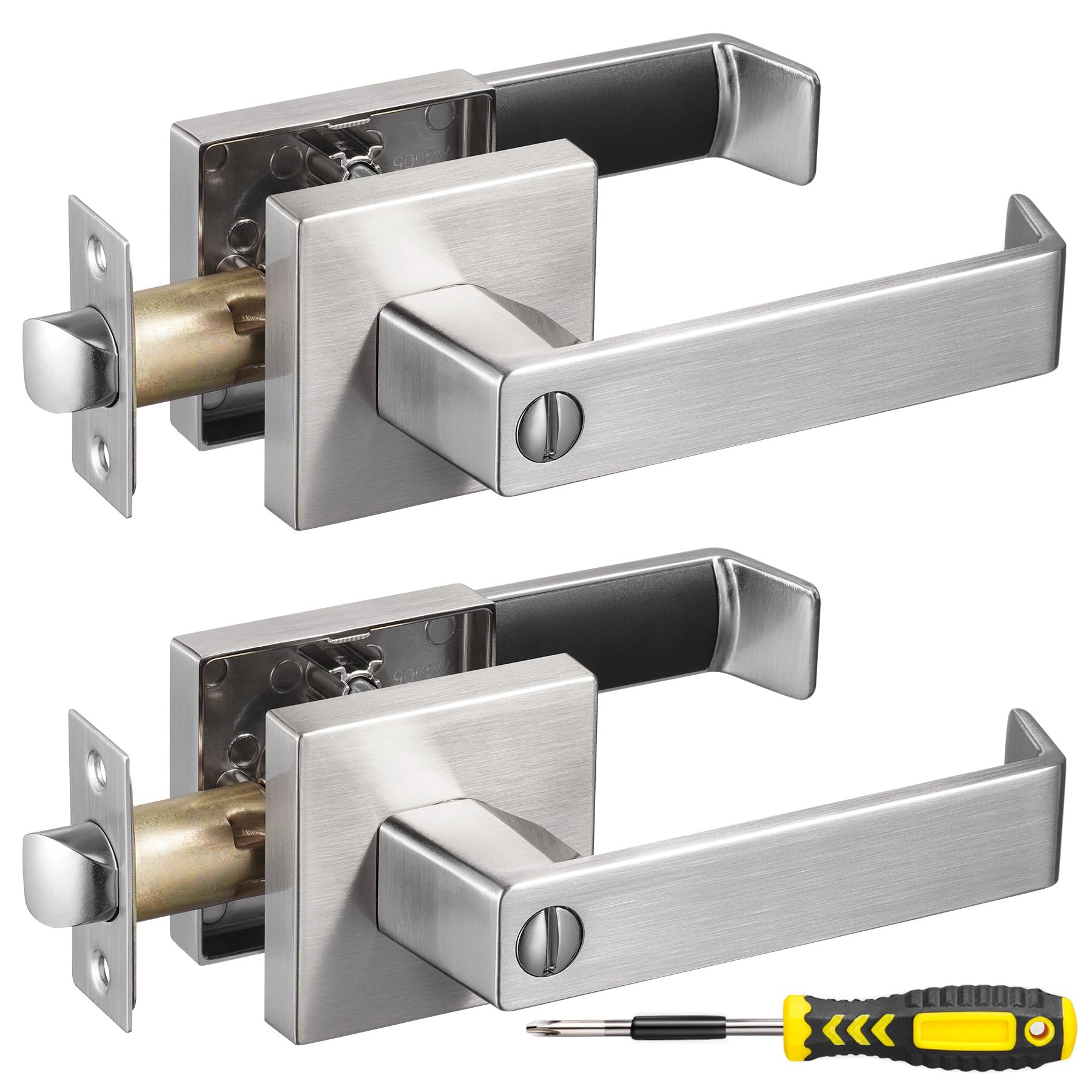 2 Pack Keyless Privacy Door Levers - Heavy Duty Interior Door Handle with Adjustable Latch in Satin Nickel Finish (2.1 lb) - Perfect for Bathroom, Bedroom, and Home Office Security