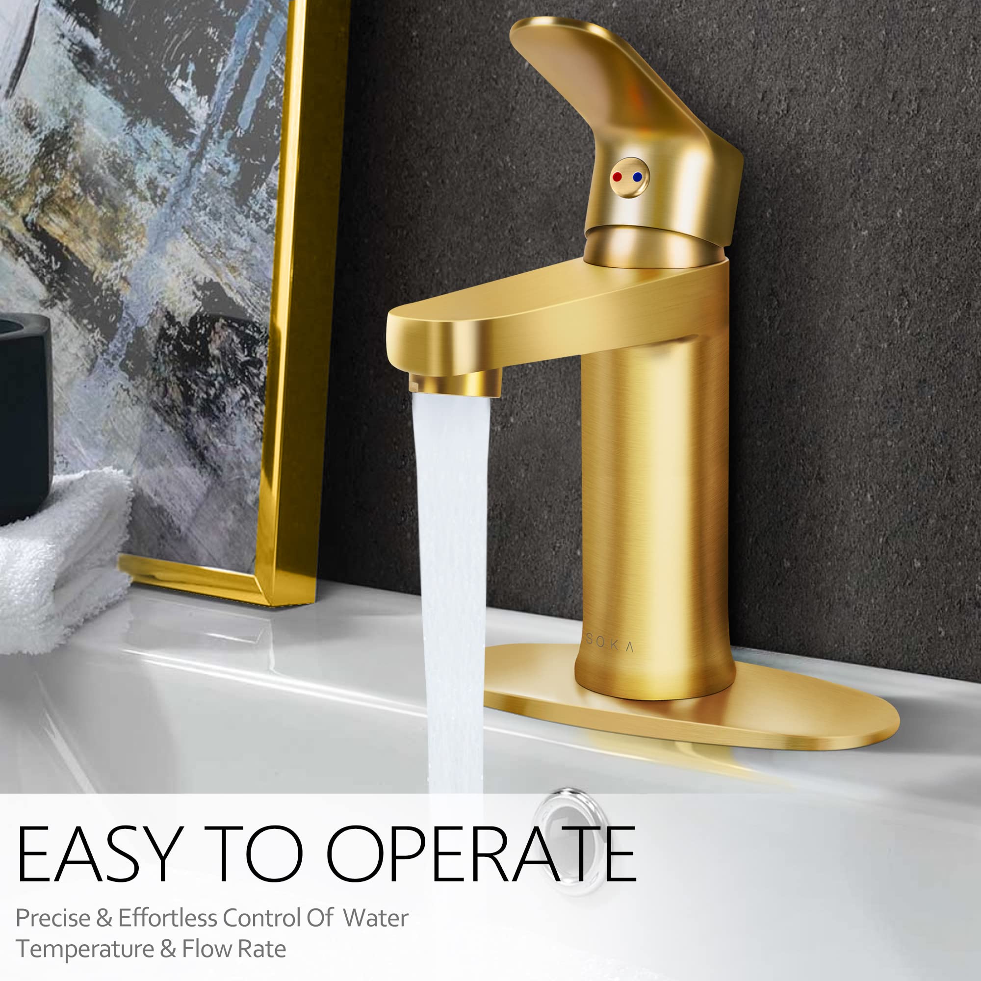 Gold Stainless Steel Bathroom Sink Faucet with Pop-up Drain Stopper & Deck Plate - Single Handle 1 or 3 Hole Installation - Perfect for Modern Bathroom Vanities & Powder Rooms