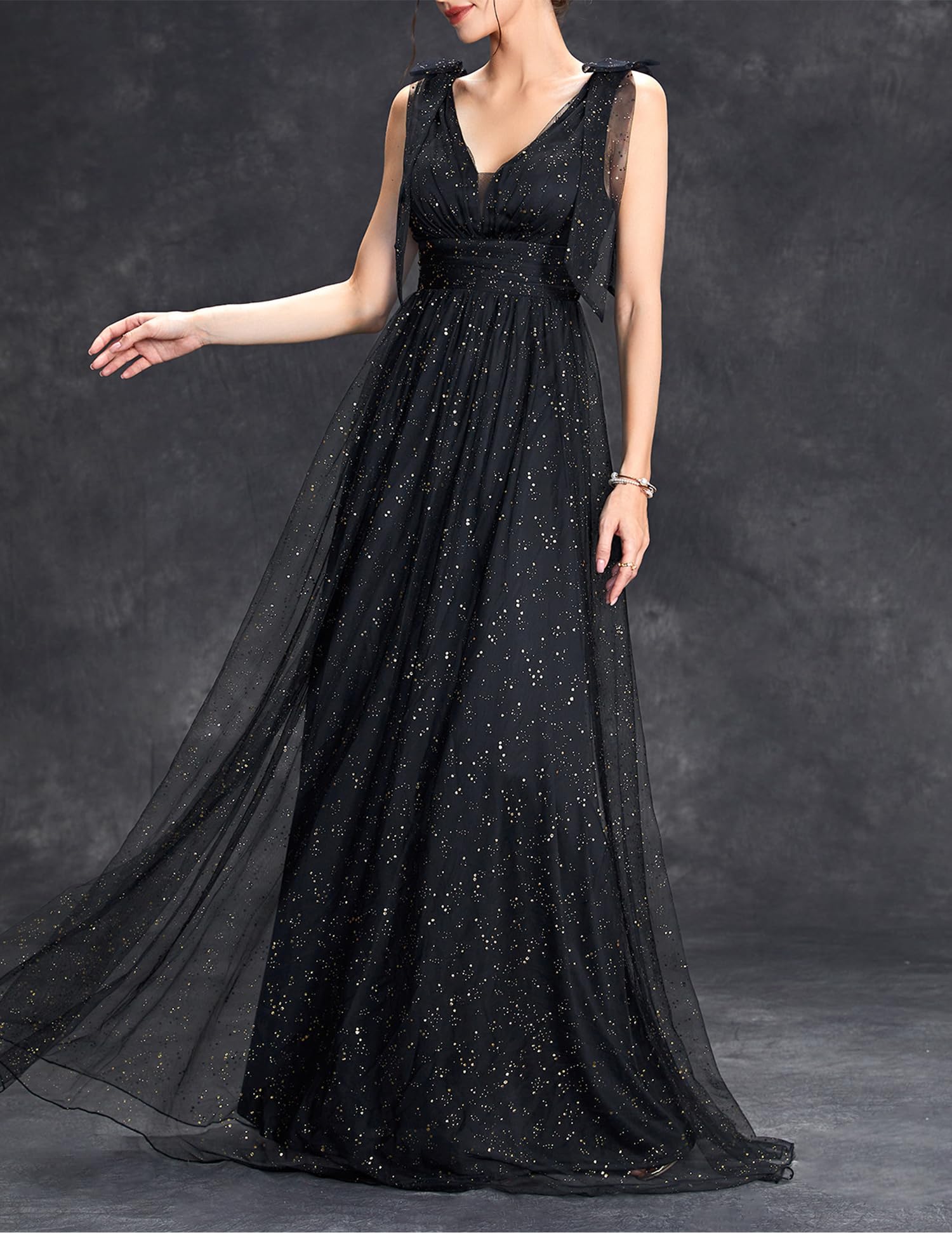 Sparkly Women's Knot-Bow Strap Formal Evening Gown - Elegant V-Neck Long Dress for Wedding Guest, Bridesmaid & Special Occasions | Perfect for Galas, Proms & Cocktail Parties