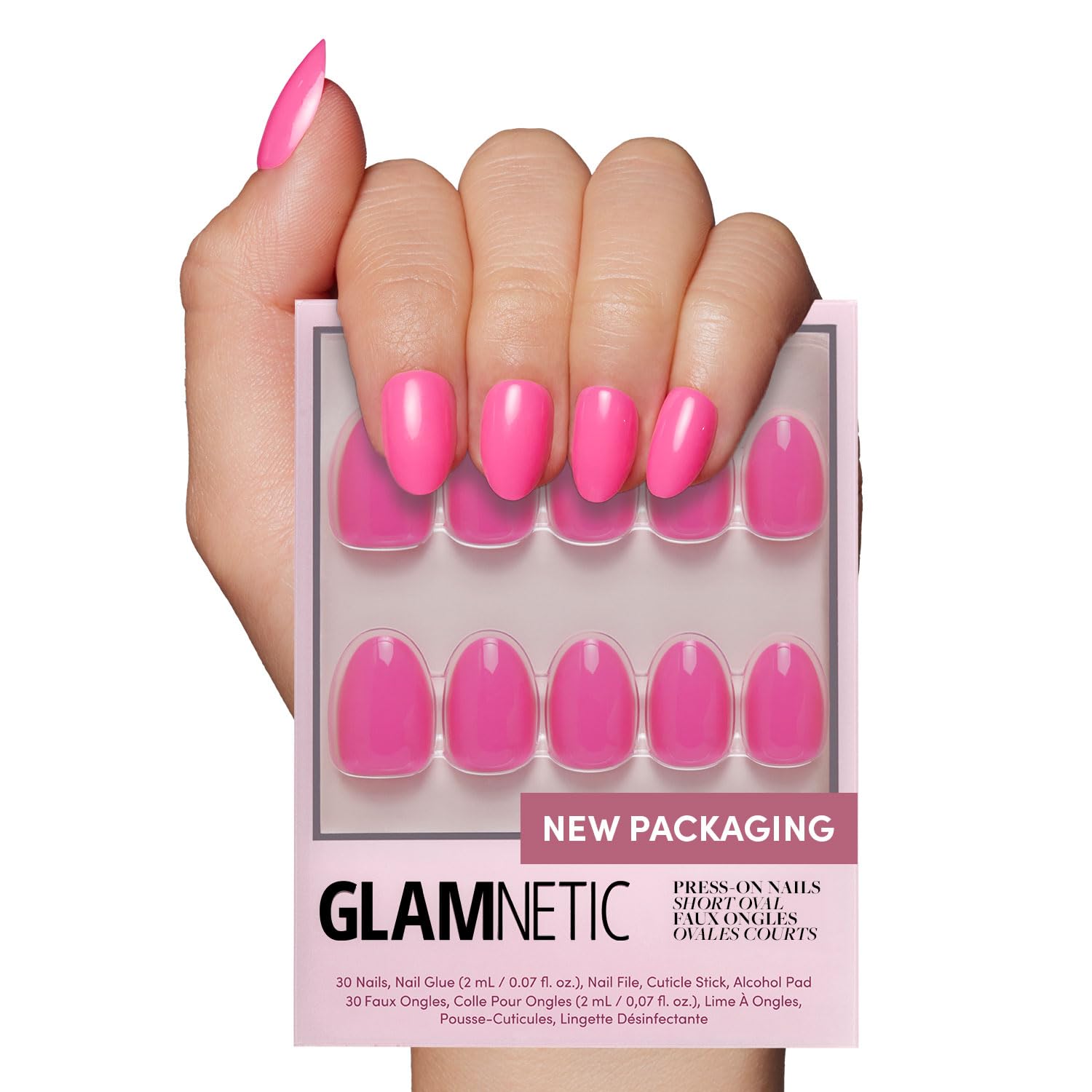 Glamnetic Press On Nails - Hot Pink Short Oval Fake Nails | Reusable Neon Pink Artificial Nails Kit with 15 Sizes (30 Nails) | Perfect for Parties, Weddings, and Everyday Glam