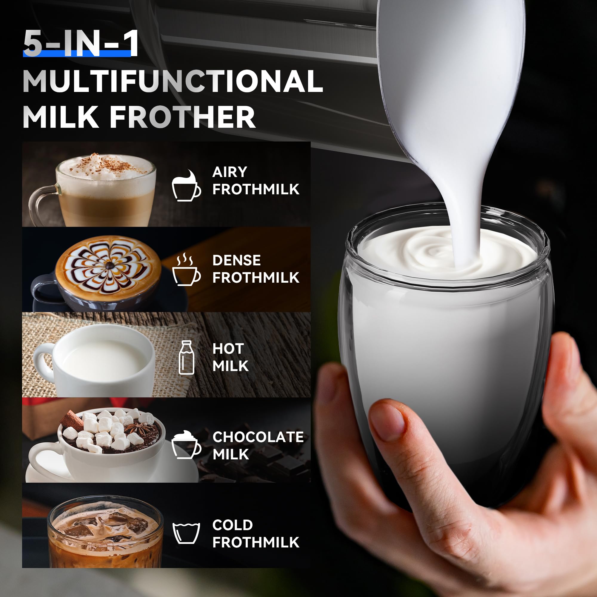 5-in-1 Electric Milk Frother & Steamer - 21oz Removable Dishwasher Safe Frothing Pitcher for Latte, Cappuccino, Hot/Cold Milk & Chocolate Drinks - Perfect for Home Coffee Bars & Office Break Rooms