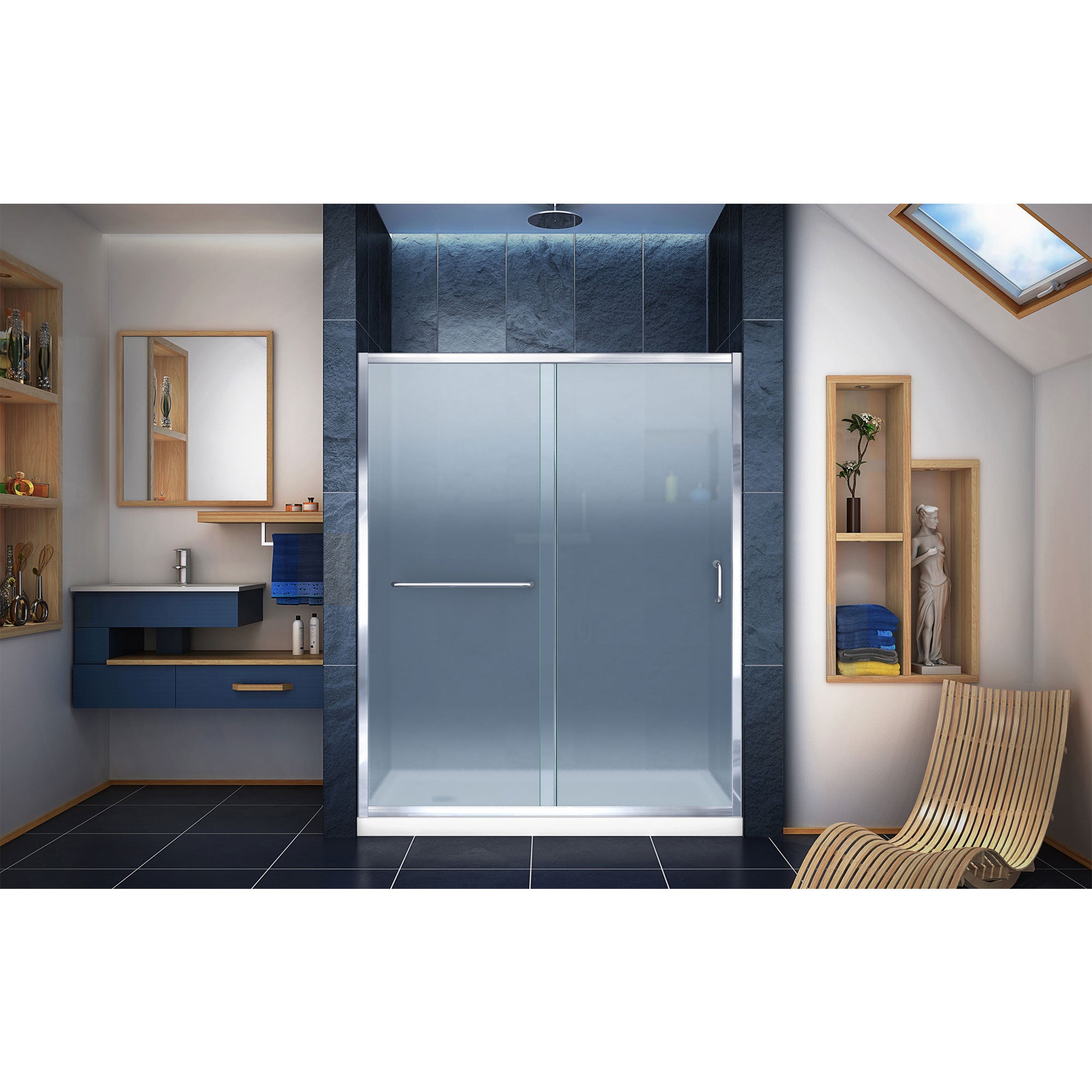 DreamLine Infinity Z 36x60x74.75 Inch Frosted Glass Sliding Shower Door - Brushed Nickel Frame with White Base & Center Drain - Perfect for Modern Bathroom Renovations & Spa-Like Showers