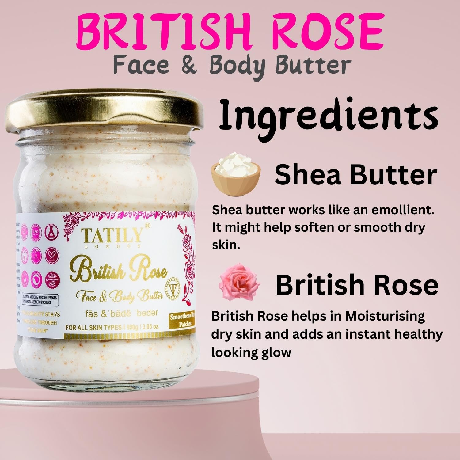 Tatily London British Rose Face & Body Butter for Very Dry Skin - Nourishing Shea Butter Moisturizer with Sunflower Seed Oil & Glycerin - Helps Reduce Stretch Marks - Suitable for Women & Men - 100g - Perfect for Daily Hydration & Skin Repair
