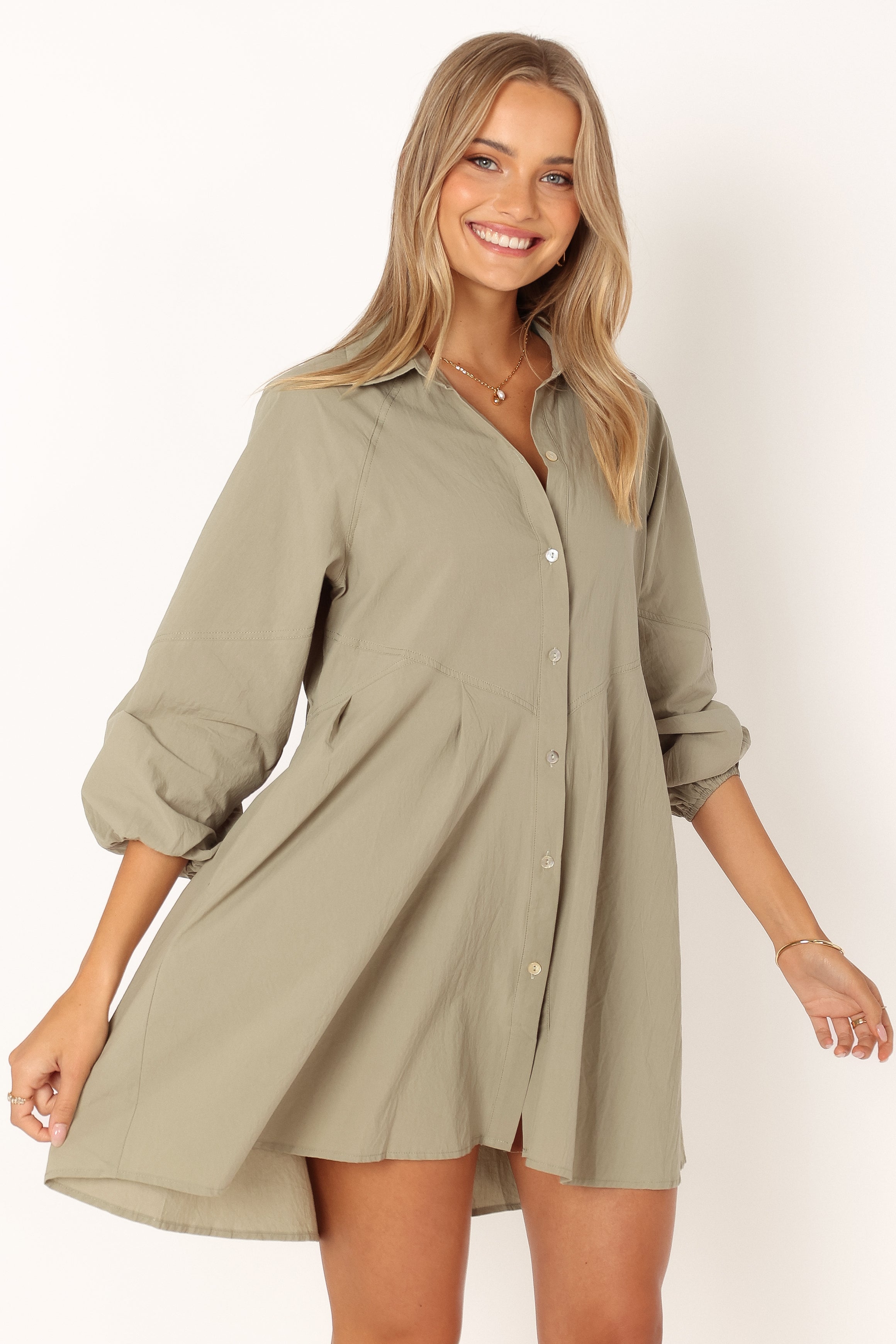 Criselle Long Sleeve Mini Dress in Khaki - Elegant Casual Outfit for Women, Perfect for Date Night, Office Wear & Fall Fashion