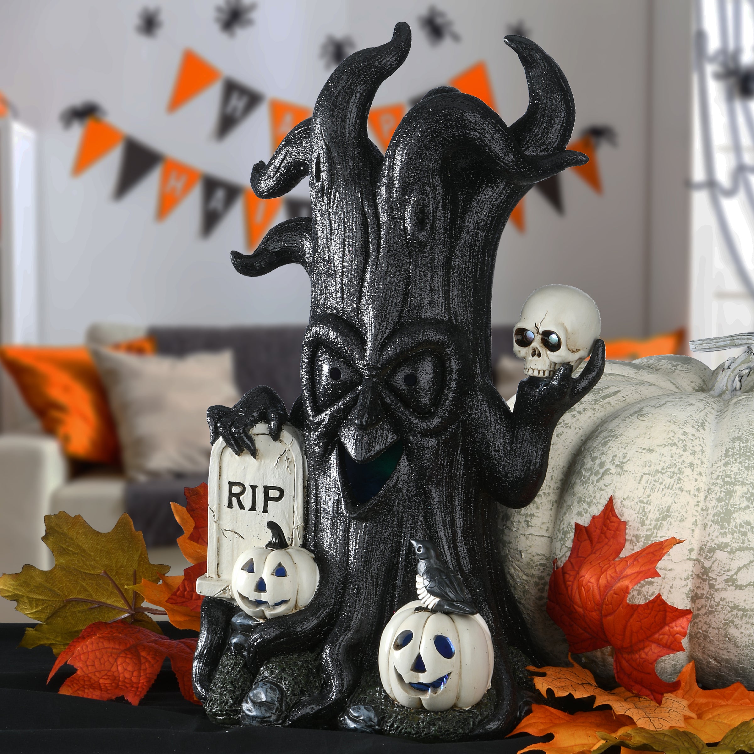 15 Inch Halloween Tree with Skull and RIP Tombstone Decor - LED Lighted Spooky Graveyard Display for Indoor Outdoor Halloween Party Decorations