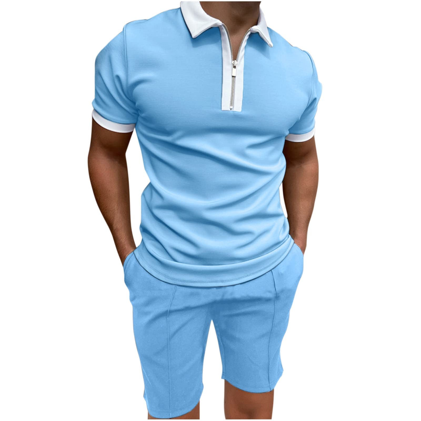 Men's Casual Two-Piece Suit Set - Zipper Collar Short Sleeve Top with Drawstring Pockets | Perfect for Summer Weddings, Parties & Business Casual Outfits