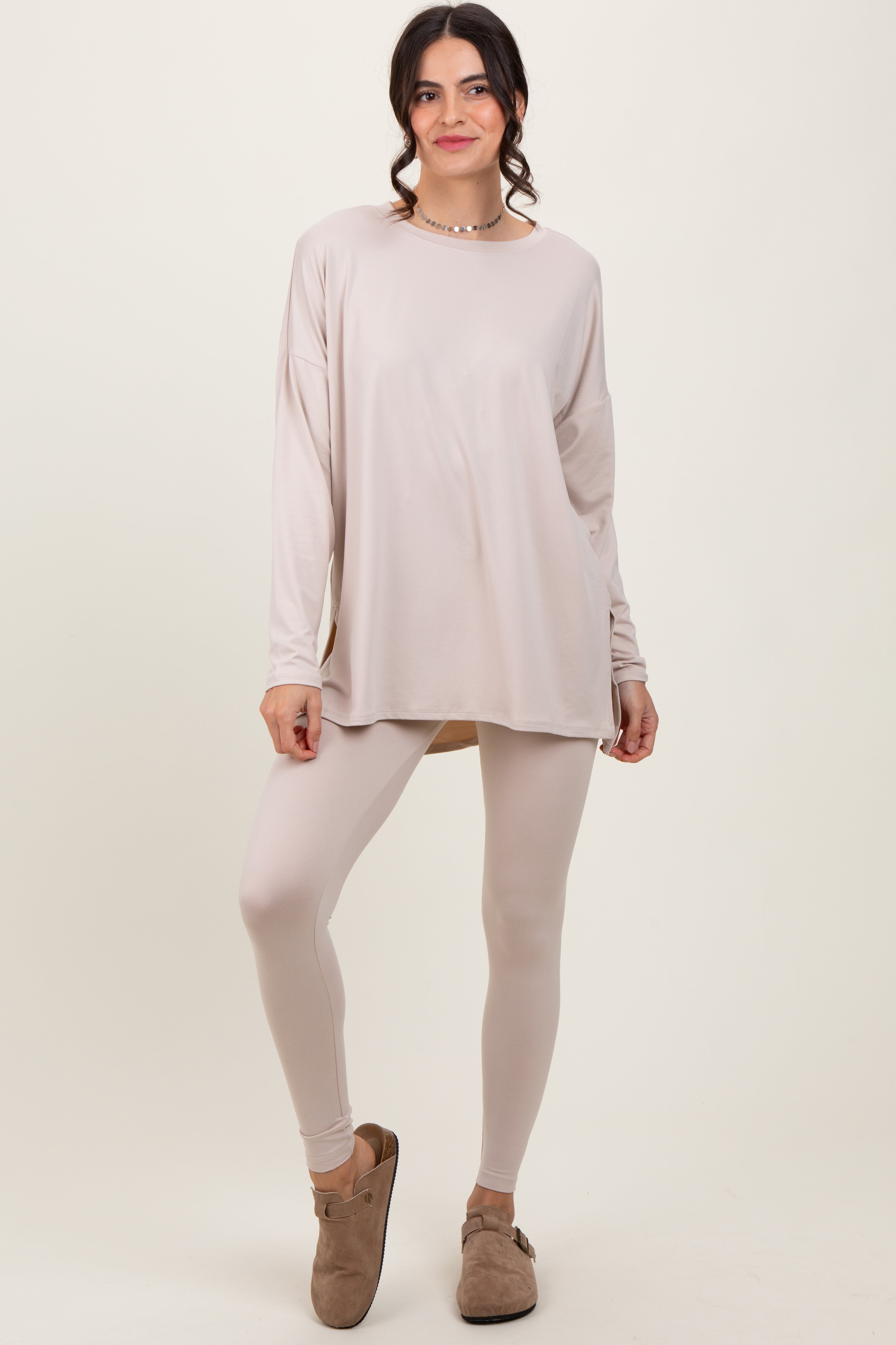 Beige Brushed Knit Oversized Top and Legging Set - Women's Casual Loungewear Outfit for Yoga, Travel & Relaxation | Soft Comfortable Stretchy Fabric