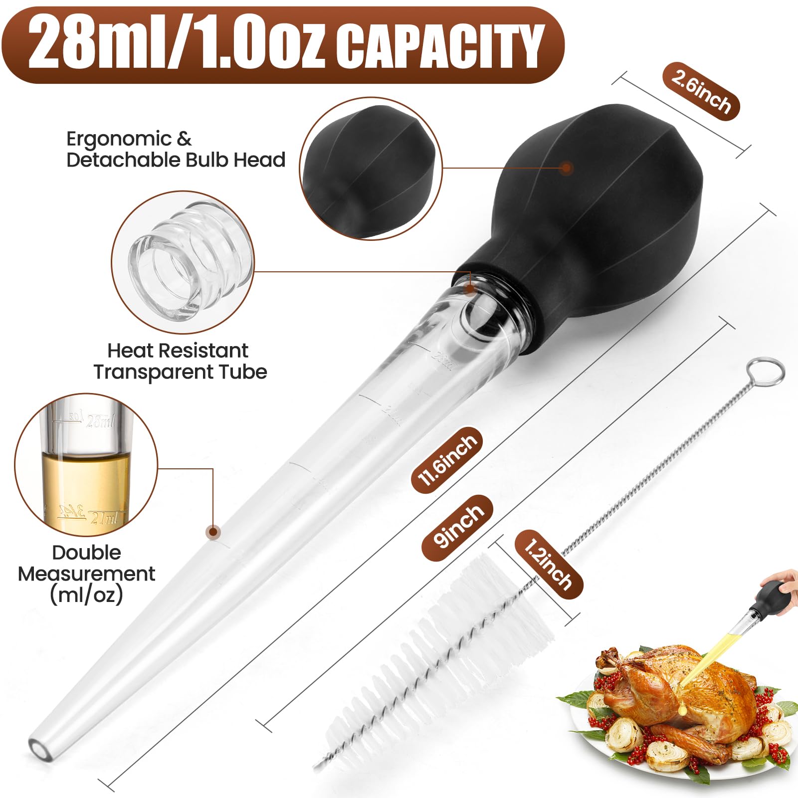 Premium Turkey Baster with Brush - Easy to Use & Clean - Dishwasher Safe for Cooking Meat, Poultry & Beef
