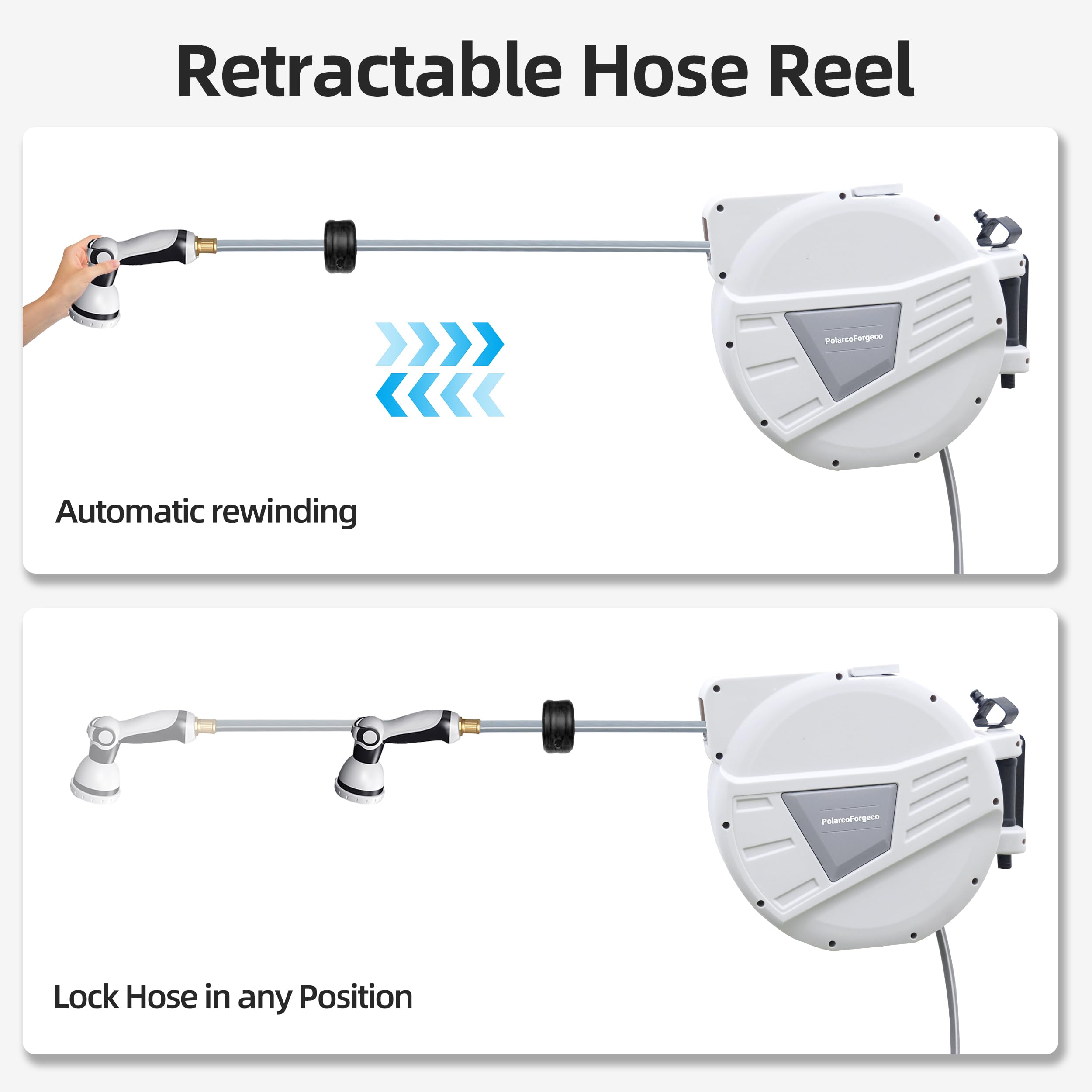 Retractable Garden Hose Reel - 1/2 Inch x 65 ft Wall Mounted Water Hose Reel with 10-Function Spray Nozzle, Any Length Lock & Slow Return System, 180° Swivel Bracket - Perfect for Outdoor Lawn, Garden, Patio, and Car Washing