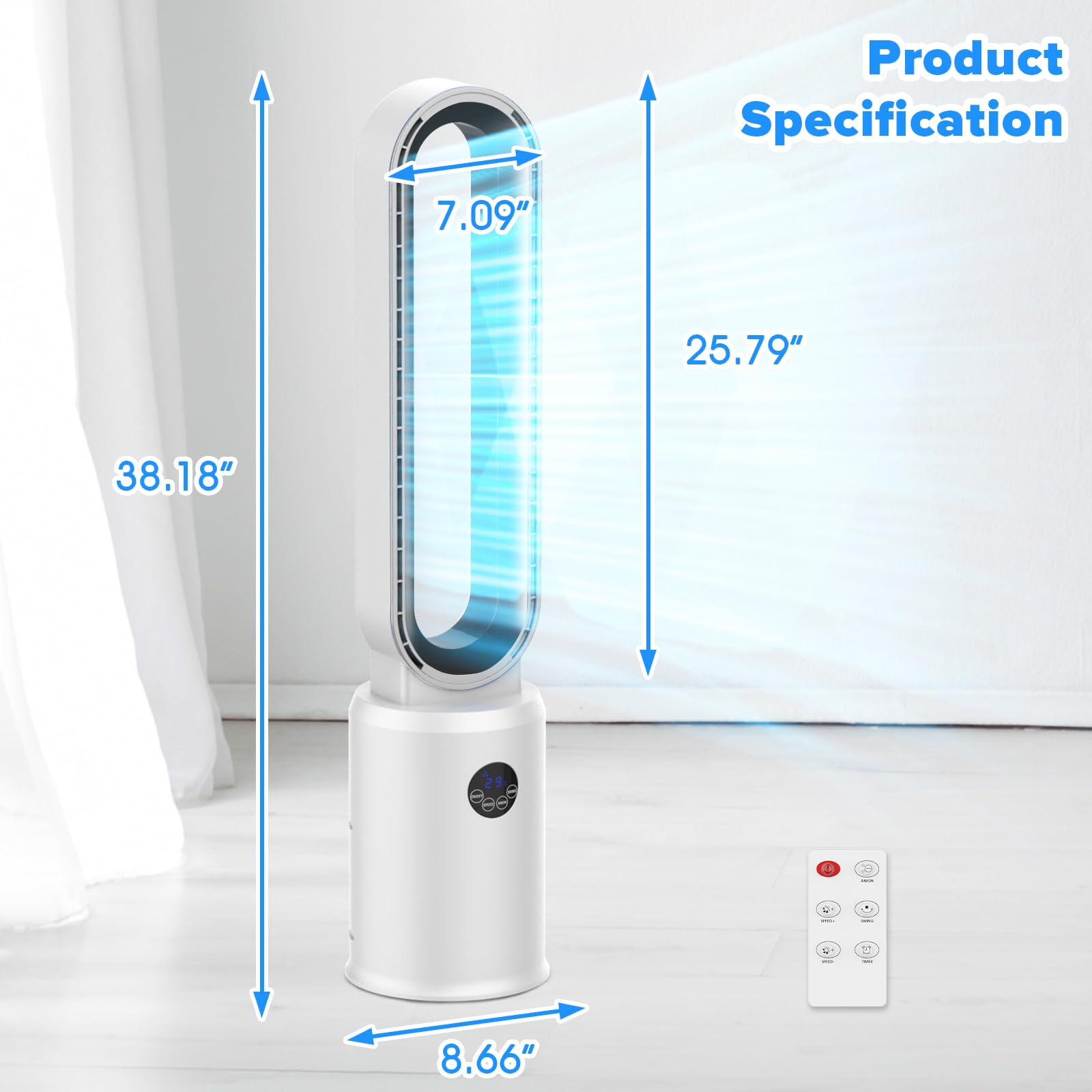 Bladeless Tower Fan with Remote Control - 24 Speed Settings, 12H Timer, Ultra Quiet Oscillating Air Circulator for Home, Bedroom & Office - Modern Silver Design | Perfect for Cooling, Air Circulation & White Noise Sleep Aid
