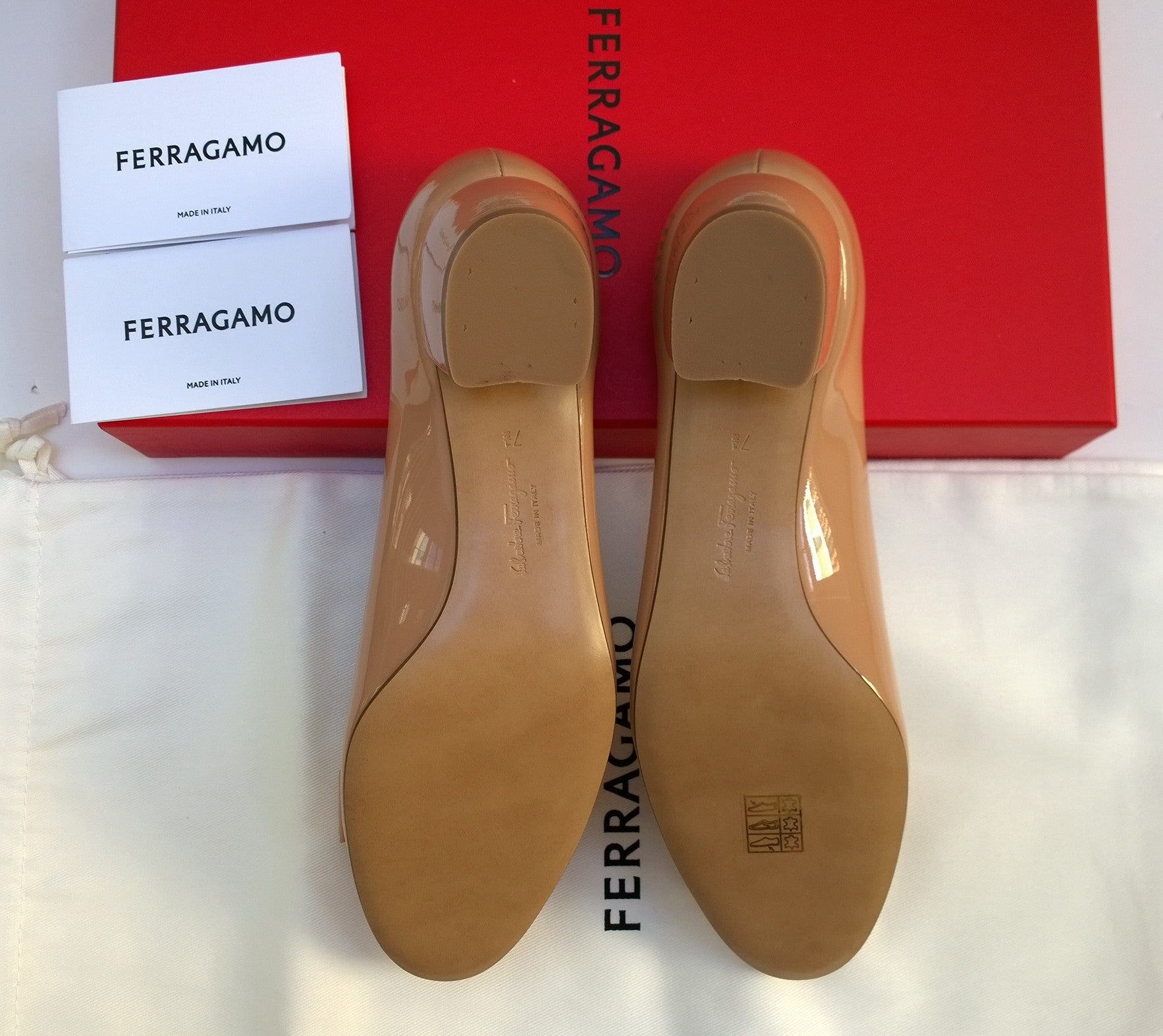 Ferragamo Vara Patent Leather Nude Heels with Bow - Women's Dress Shoes for Work & Special Occasions - Size C Width - New in Box
