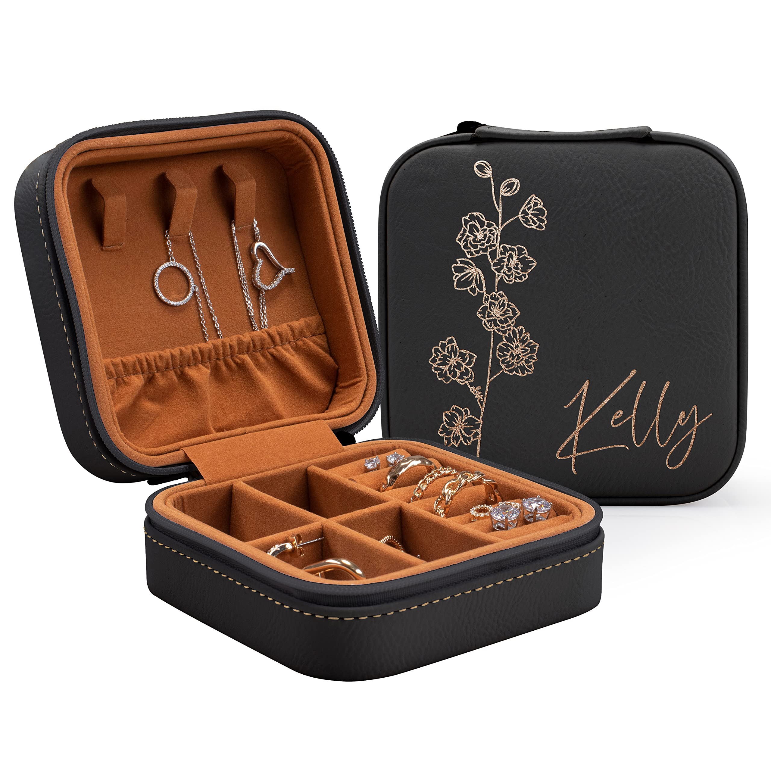 Personalized Leather Jewelry Box with Custom Name & Birth Flower - Engraved Jewelry Organizer for Women | Birthday Gift for Mom, Wife, Girlfriend | Travel Jewelry Case, Anniversary Present - Perfect for Valentine's Day, Mother's Day & Special Occasions (Black)