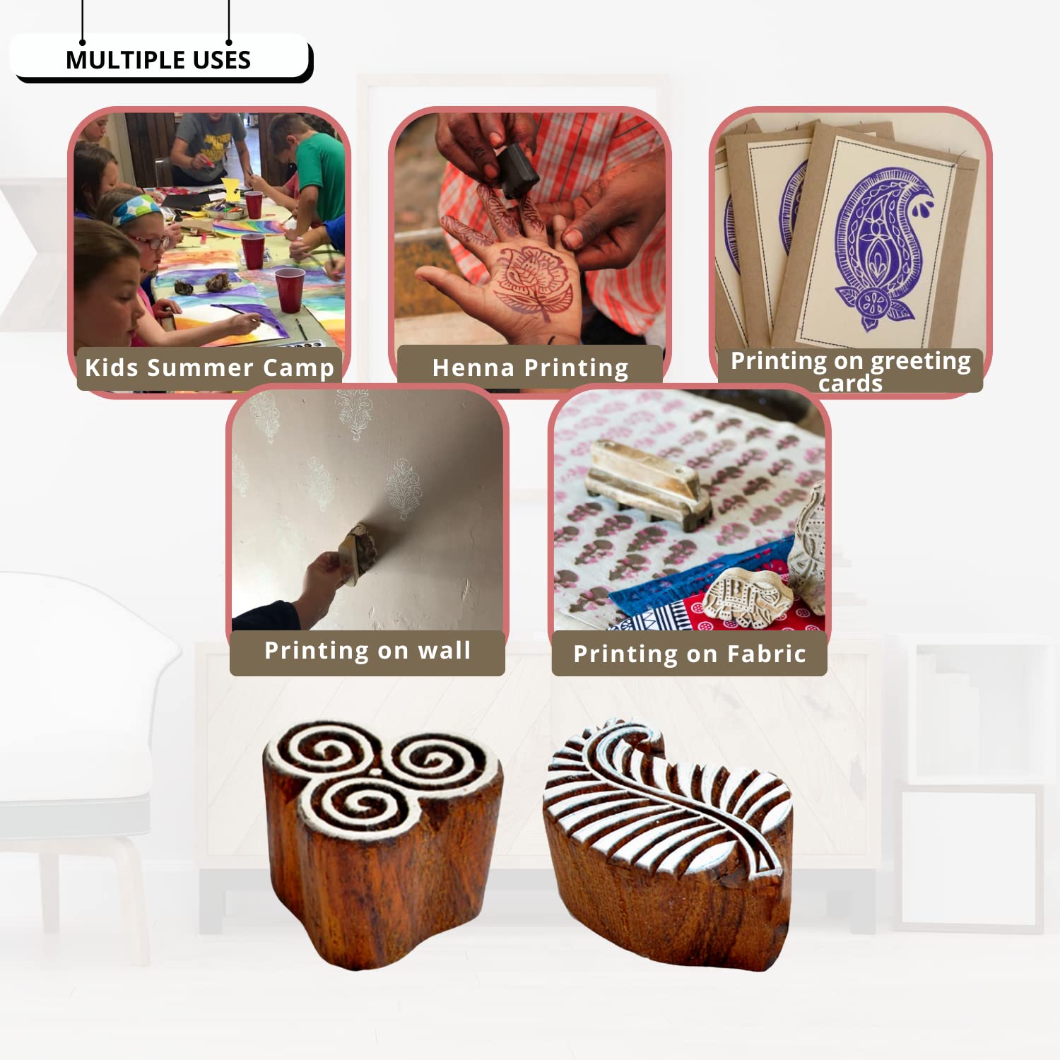 Wooden Pottery Printing Blocks - Pack of 10 Handcrafted Clay & Textile Stamps for DIY Crafts, Saree Borders, Ceramics & Tattoo Designs - Perfect for Pottery Making, Fabric Printing & Art Projects - HASHCART®