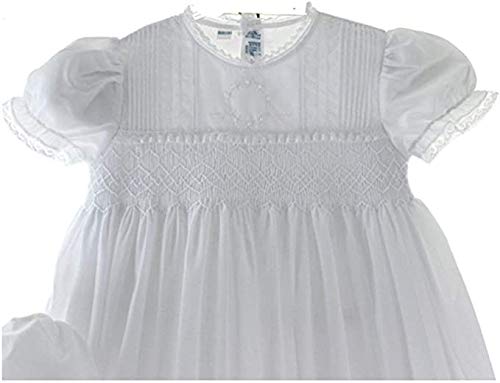 Girls White Smocked Christening Baptism Gown & Bonnet Set with Pearls - 9-12 Months - Perfect for Baby Baptism, Christening Ceremony & First Communion