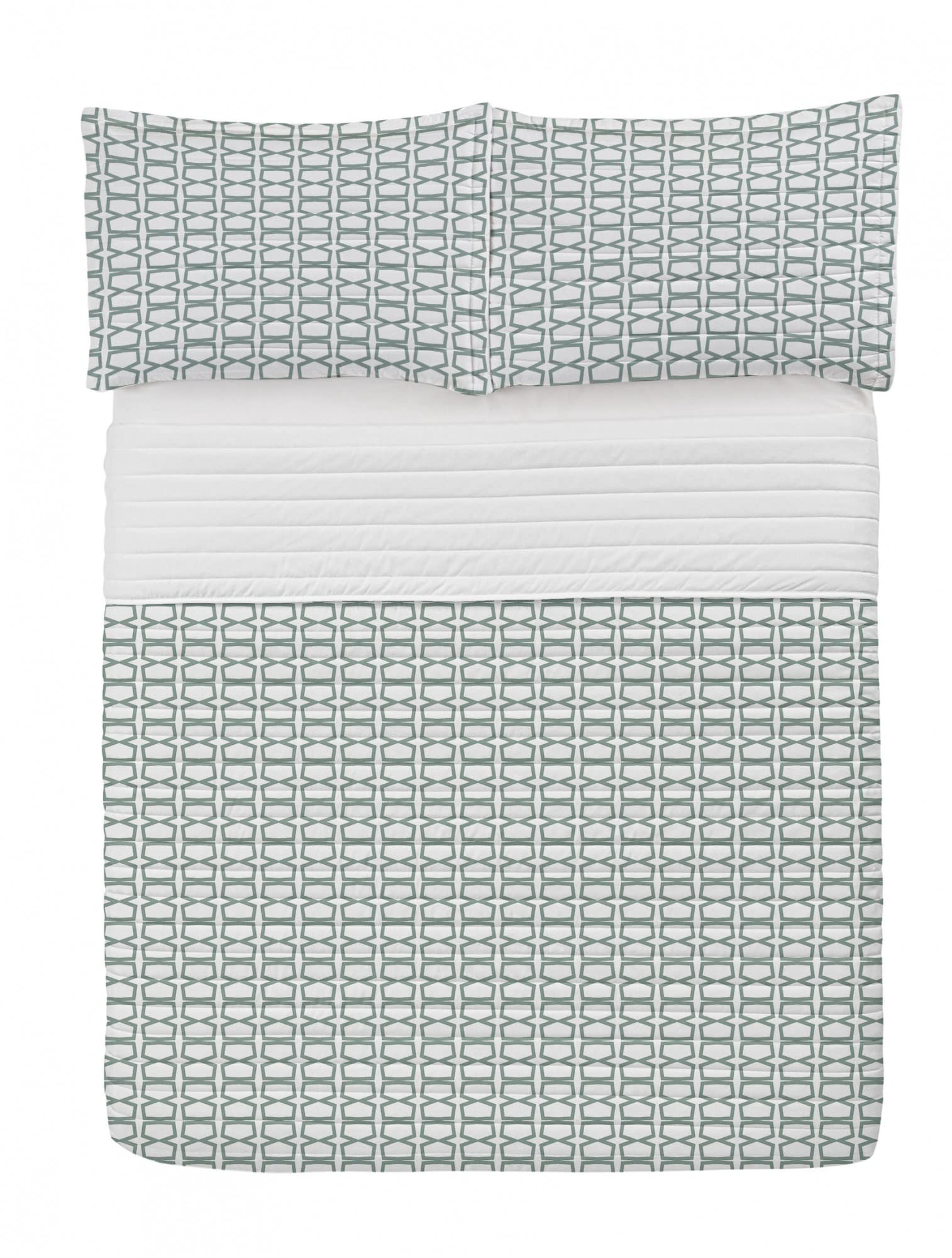 Ambesonne Abstract Microfiber Queen Size Bedspread Set with Pillow Shams & Comforter - Continuous Squares Geometric Print in White Laurel Green - Ultra Soft Bedding for Modern Bedrooms