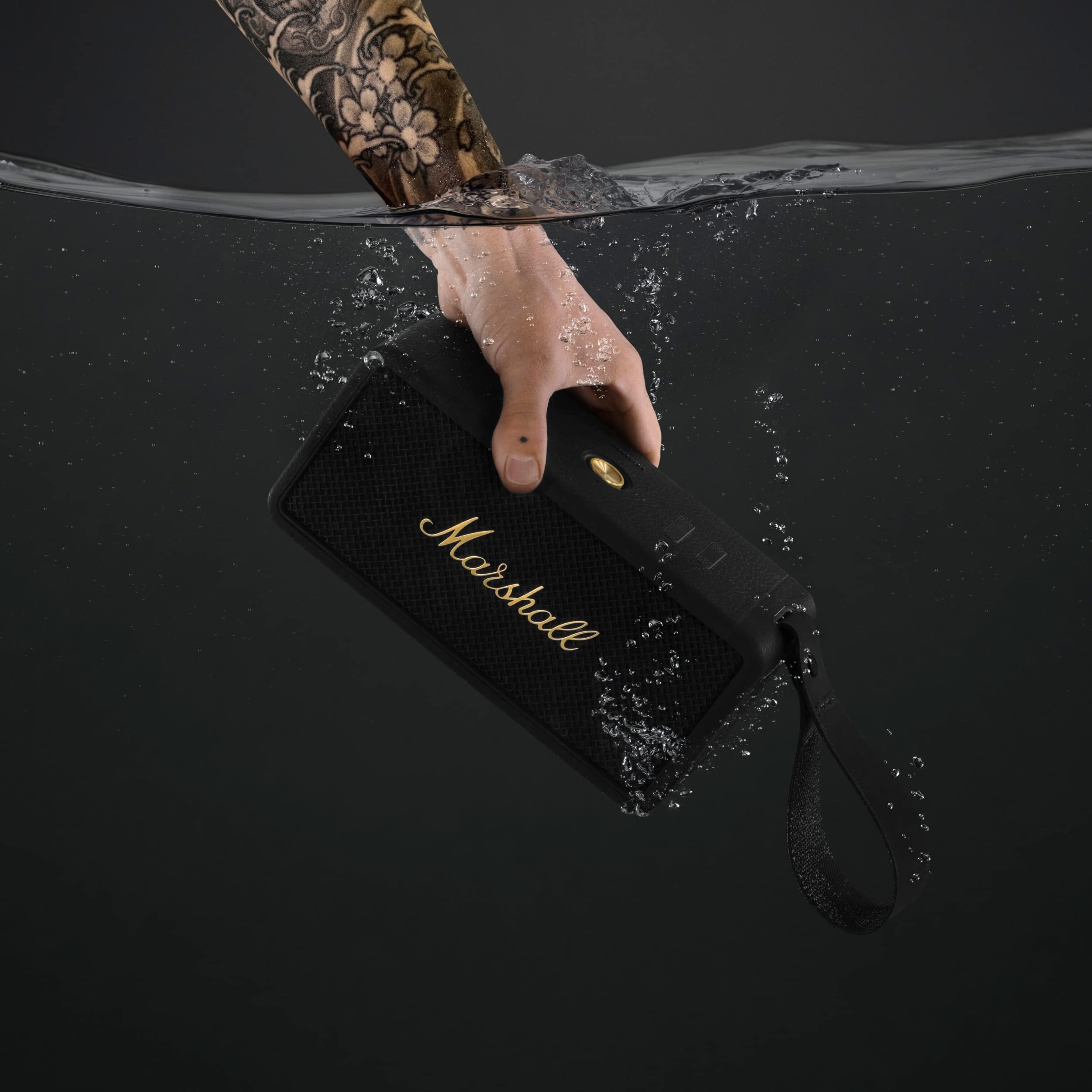 Marshall Middleton Portable Bluetooth Speaker - Wireless Outdoor Speaker with Rich Bass, IP67 Waterproof, 20+ Hours Playtime - Perfect for Travel, Camping, Beach & Home Use (Black & Brass)