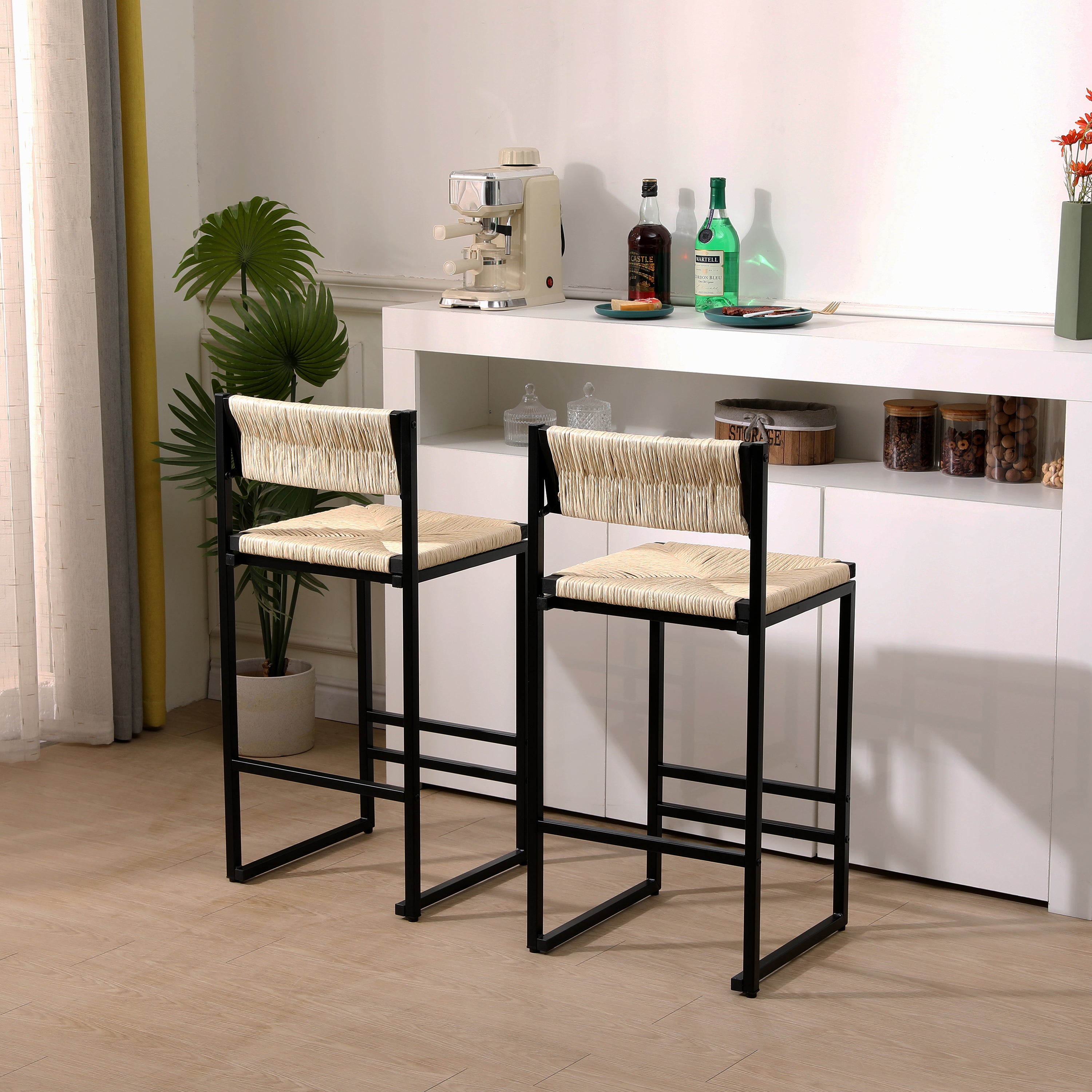 Handwoven Creamy White Paper Rope Bar Stools Set of 2 with Footrest - Natural Woven Counter Height Stools for Kitchen Island, Dining Room, Breakfast Nook & Patio Decor