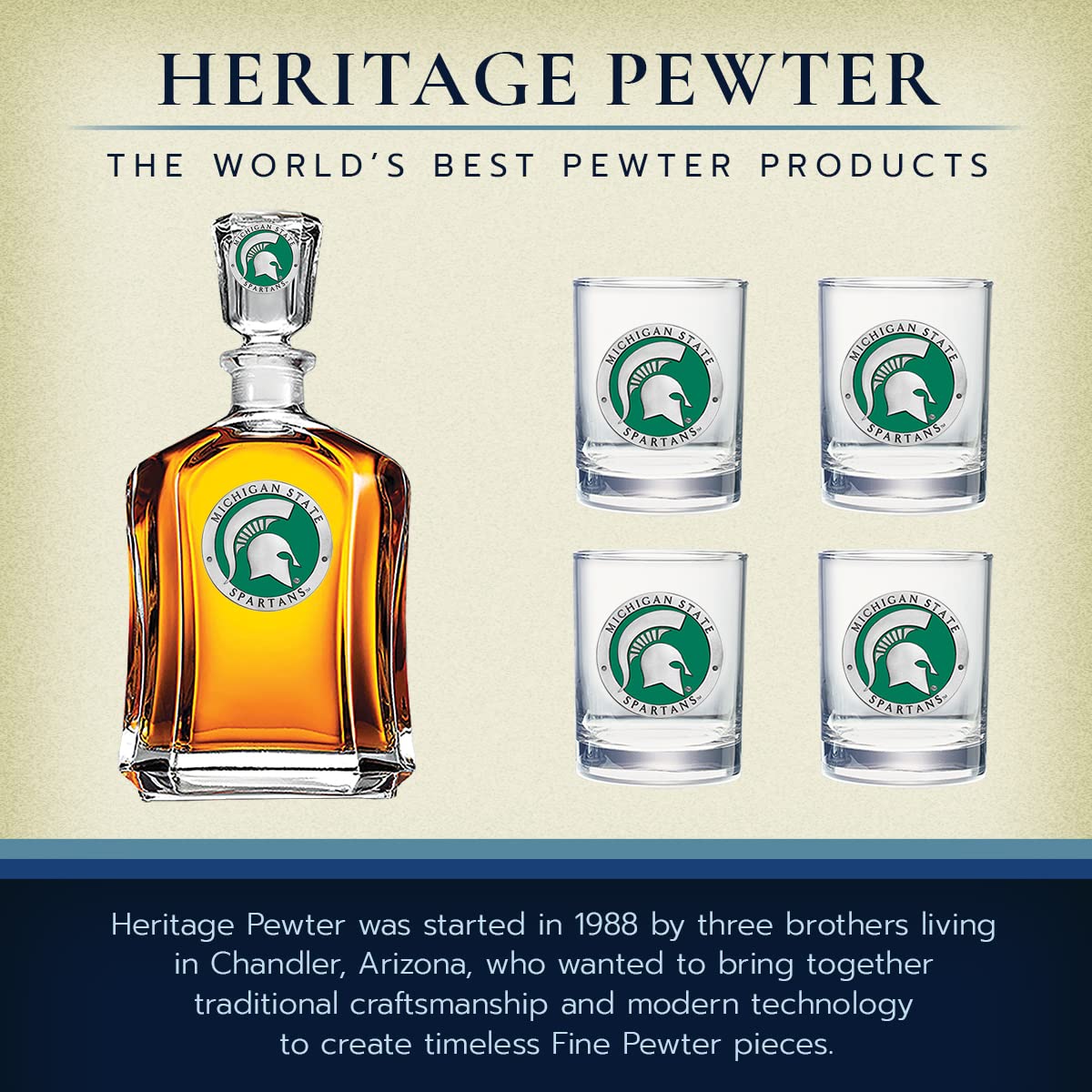 Michigan State Capitol Decanter Set with 24oz Liquor Pourer & 4 Double Old-Fashioned Glasses - Handcrafted Pewter Barware for Whiskey, Bourbon & Scotch | Perfect for Home Bars, Gifts & Entertaining