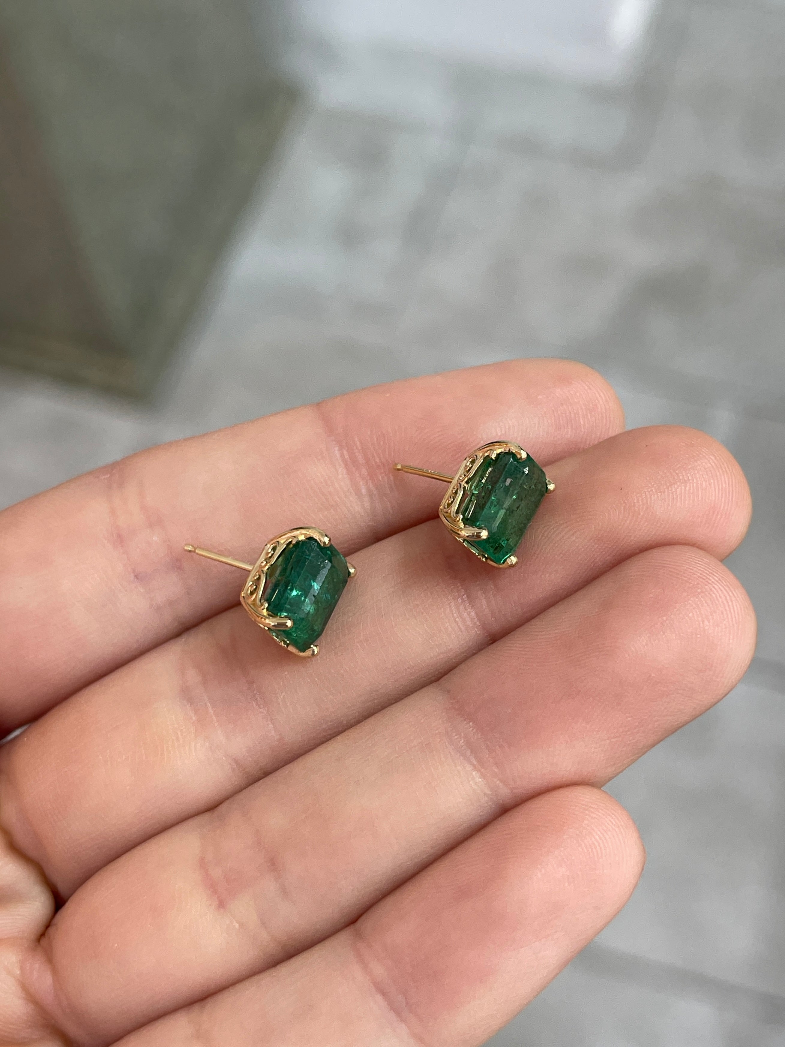 6.70tcw Zambian Emerald Emerald Cut Fleur De Lis Stud Earrings in 14K Gold - Elegant Jewelry for Women, Perfect for Weddings, Parties & Special Occasions