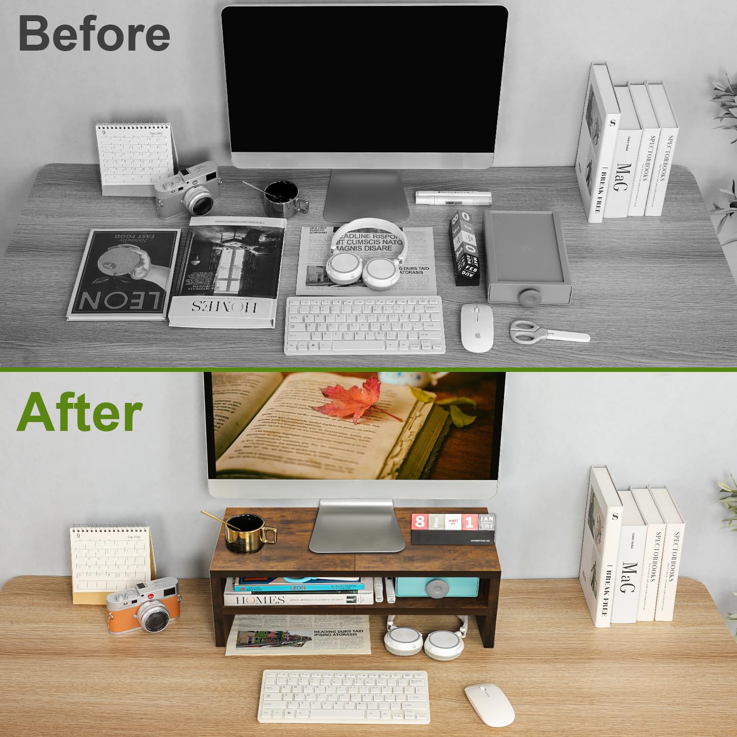 TEAMIX 2-Tier Wooden Monitor Stand Riser with Storage - Laptop Stand for Desk, Computer Monitor Riser for TV/Printer/Keyboard - Home Office Desk Organizer Shelf for Workspace & Gaming Setup